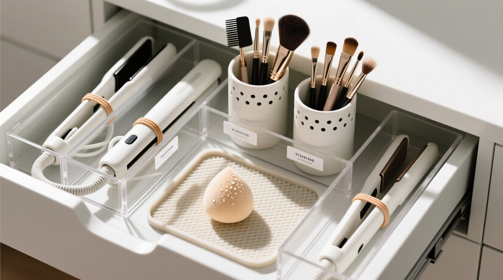 Overhead view of a fully organized beauty tool drawer: shallow acrylic dividers separate labeled cord-wrapped flat irons, upright brush cups with ventilation holes, and a dedicated silicone mat for damp sponges—all on a clean, matte-white drawer liner.