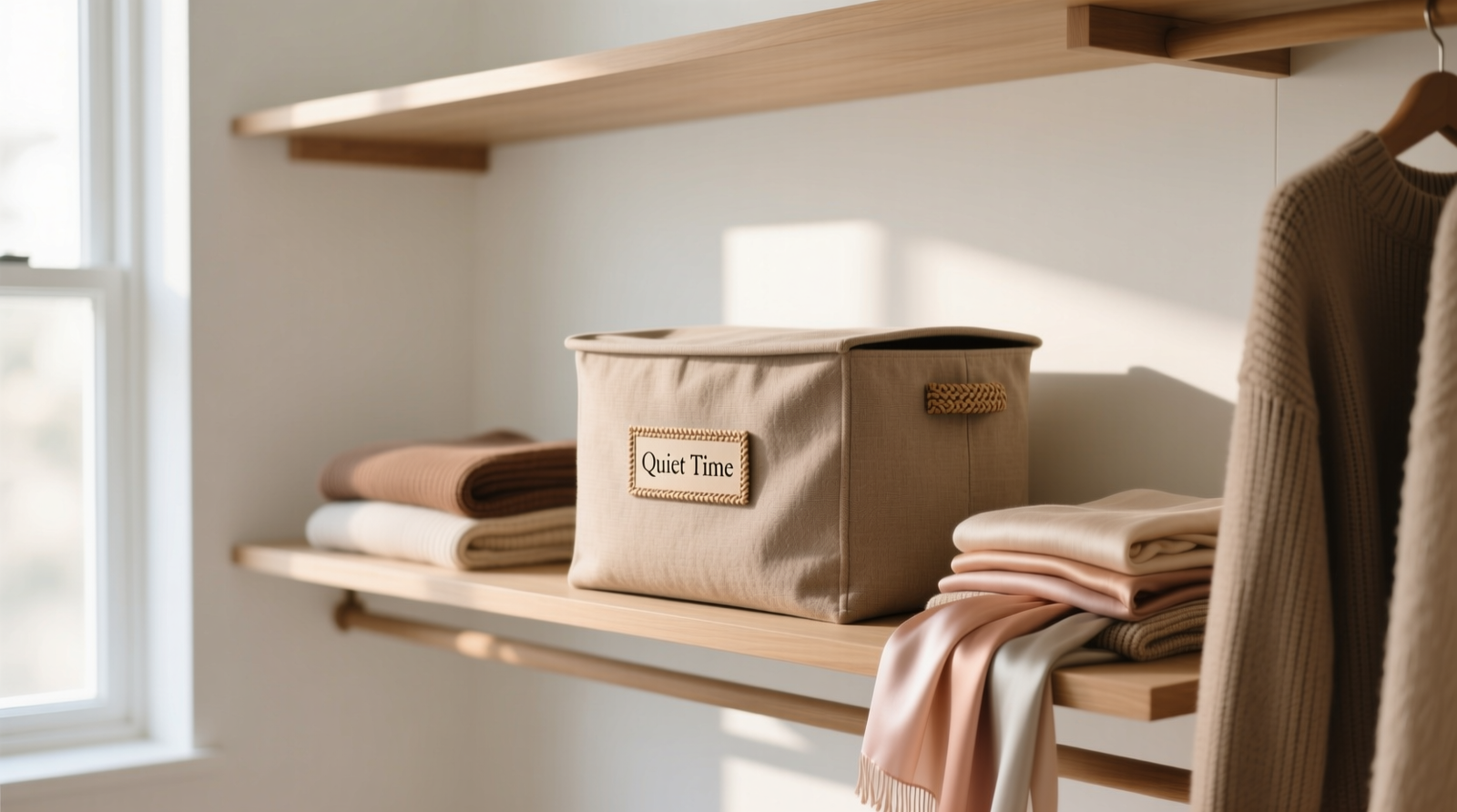 A well-lit closet vanity nook showing three shallow acrylic trays stacked vertically on a matte black riser, holding fountain pens, soft-cover gratitude notebooks standing upright with cloth bookmarks, and a small angled walnut stand holding an open journal with a visible gratitude list