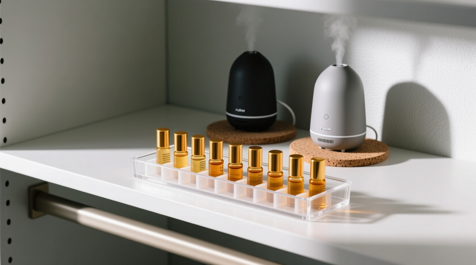 A minimalist ventilated closet shelf holding three horizontal rows of amber-lidded essential oil rollerballs in a silicone-lined acrylic tray, with two ultrasonic diffusers standing upright behind them on a non-slip cork pad—no visible cords, labels, or clutter.