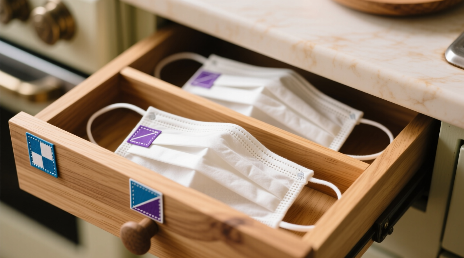 Top-down photo of a shallow wooden drawer with evenly spaced slatted dividers, each holding a flat-folded reusable face mask inside an off-white cotton pouch; small blue and purple fabric stickers visible on pouch fronts