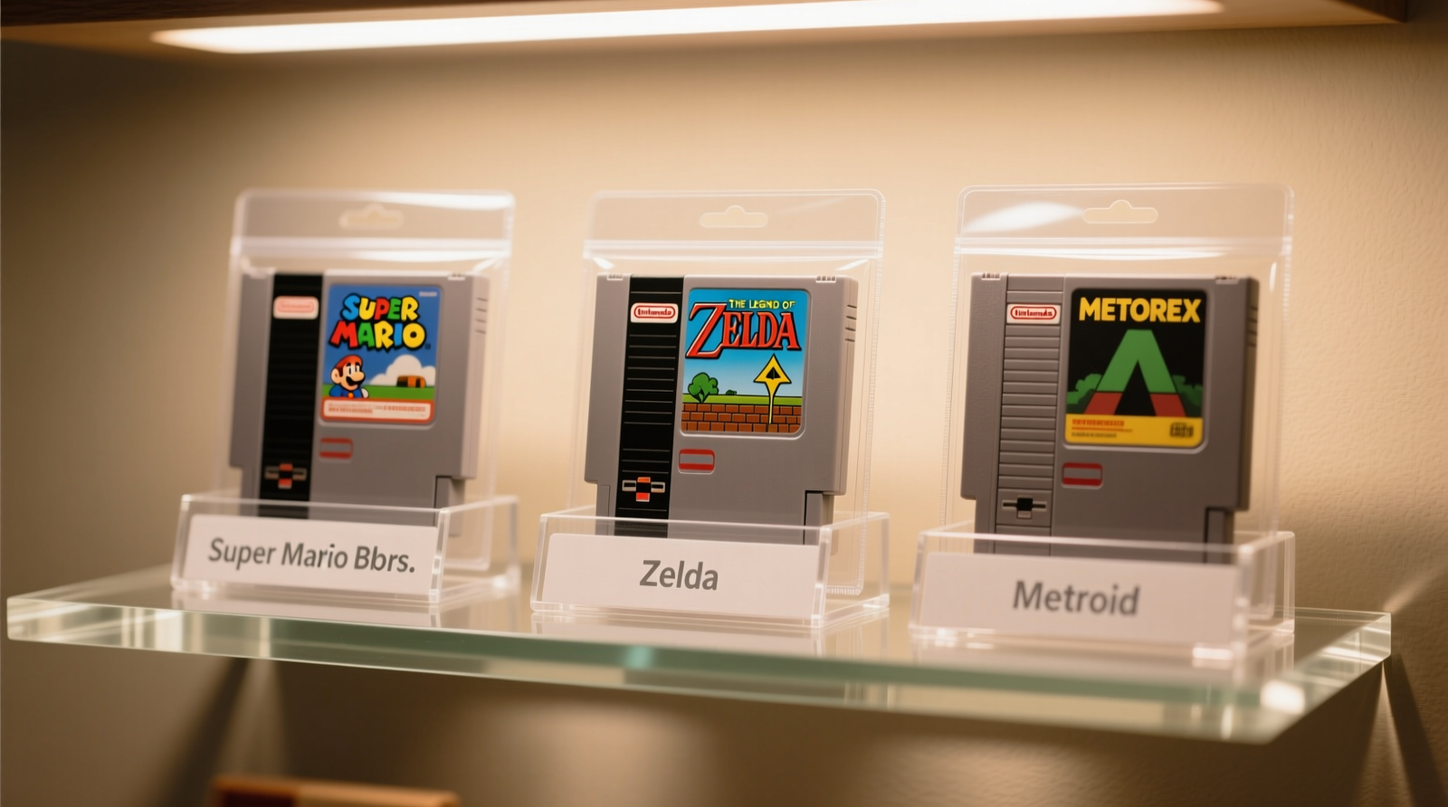 Close-up of retro gaming cartridges standing upright in clear polypropylene sleeves inside a labeled, rigid acrylic storage bin with precisely spaced vertical slots—no gaps, no tilting, no visible dust accumulation.
