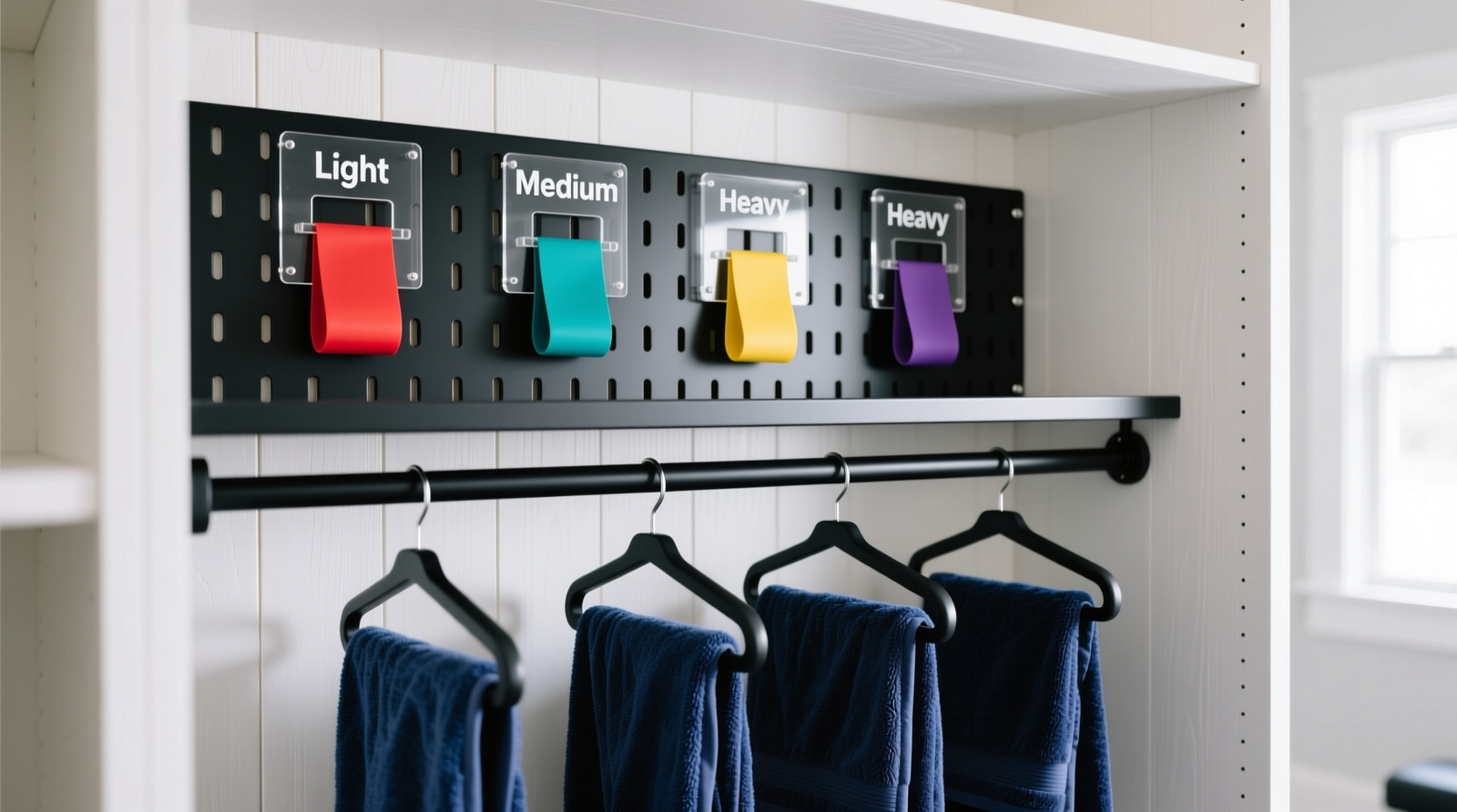 Close-up of a white-painted plywood closet interior featuring black metal pegboard with color-coded resistance bands suspended vertically in labeled acrylic slots, and crisp navy microfiber towels hanging on matte-black double-tier hangers beneath them