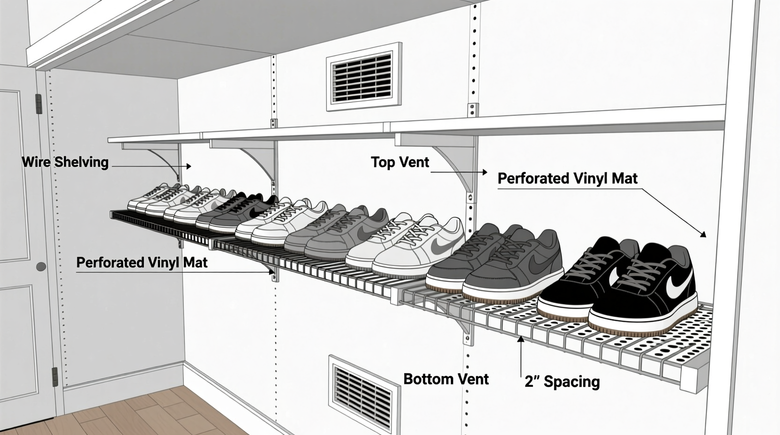 Side-view schematic of a converted linen closet showing wire shelving, perforated vinyl mats, top and bottom passive vents, and sneakers arranged sole-to-sole with 2-inch spacing between pairs