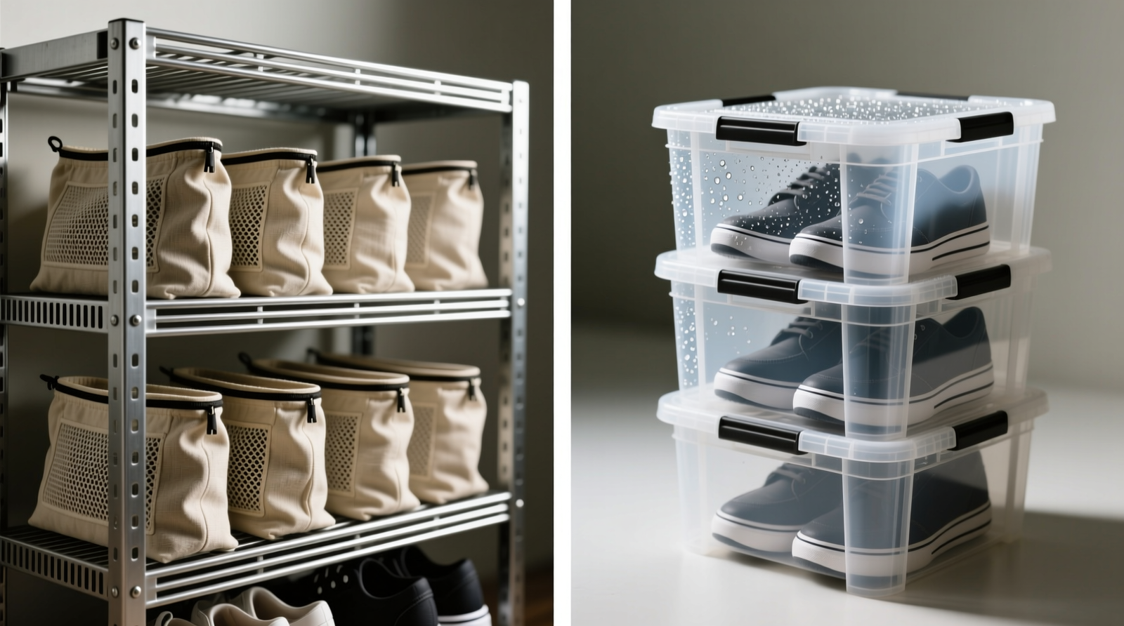 Side-by-side comparison: left shows ventilated metal shoe shelf with 4 cm spacing between rows and breathable canvas shoe bags; right shows stacked plastic bins with lids fully closed, condensation visible on interior walls