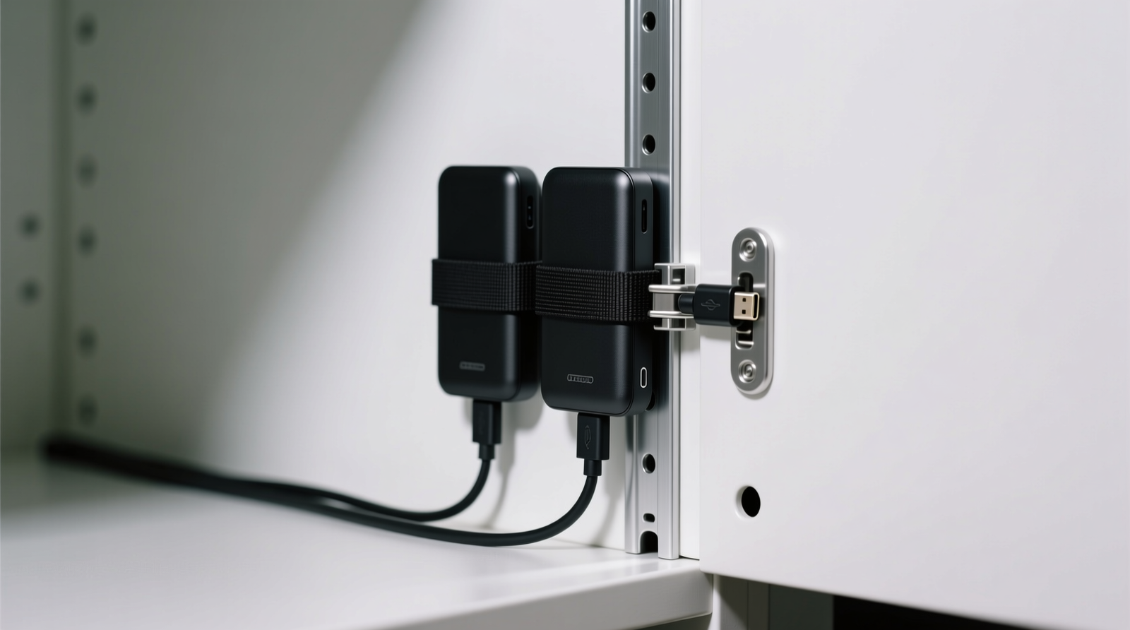 Close-up of a white closet side panel with a slim silver aluminum U-channel mounted vertically; two matte-black power banks secured with black Velcro straps inside the channel; color-matched USB-C cables clipped neatly and routed downward into a discreet hole near the baseboard.