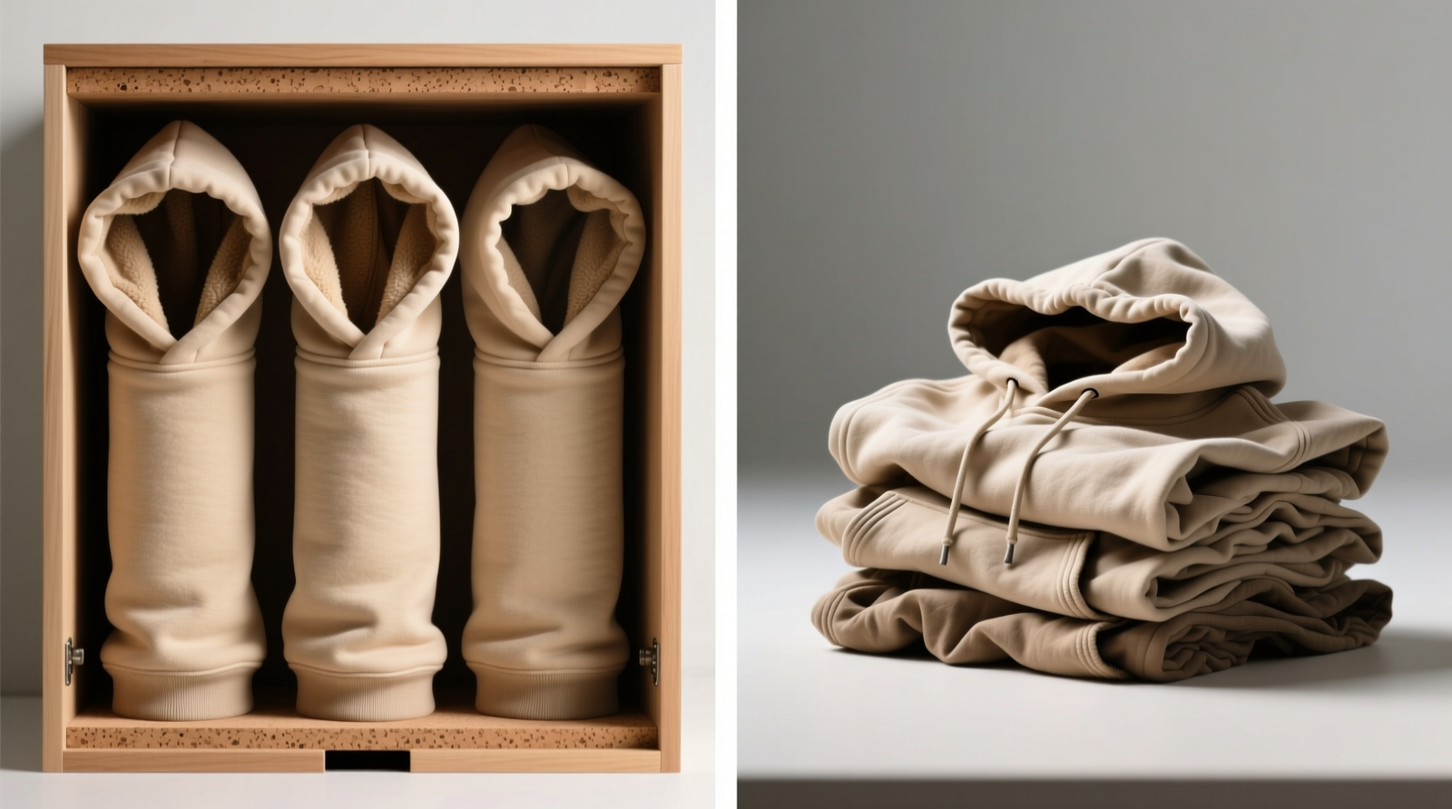 Side-by-side comparison: left shows three vertically rolled oversized hoodies standing upright in a shallow drawer with cork shelf dividers; right shows collapsed horizontal stack with stretched shoulder seams and rumpled fabric