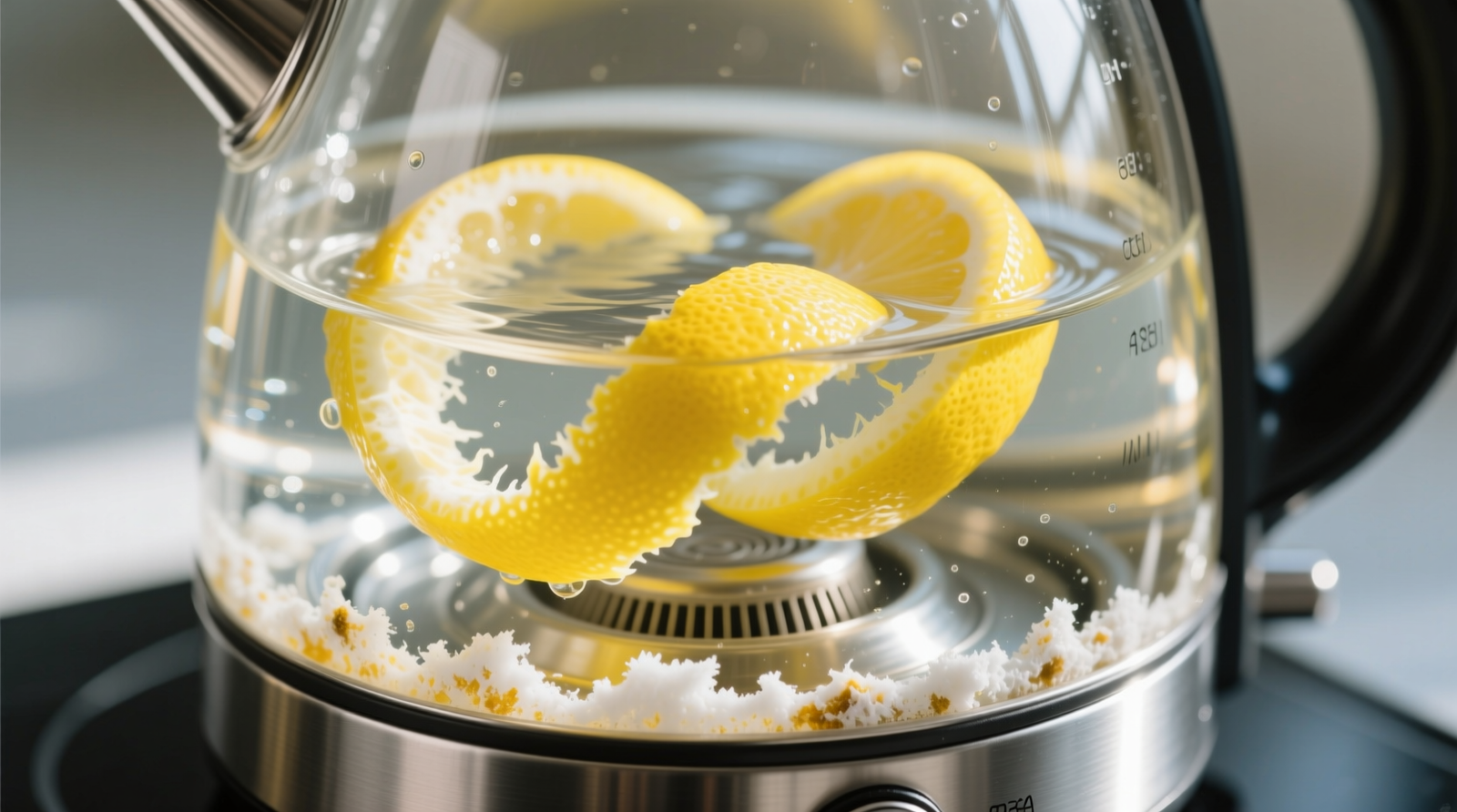 Close-up photograph of fresh lemon peels floating in clear water inside a stainless-steel electric kettle, with faint white limescale visible near the heating element base before treatment