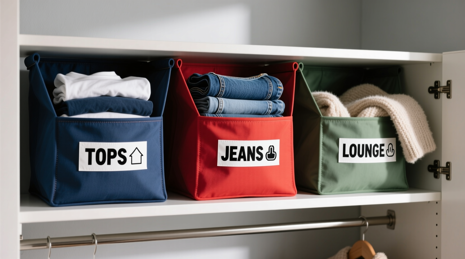 A 36-inch-wide closet section showing three open-front, color-coded fabric bins on a single shelf: blue bin labeled 'TOPS 👕' with rolled t-shirts standing upright; red bin labeled 'JEANS 🩳' with folded denim stacked vertically; green bin labeled 'LOUNGE 🧘' with soft knits draped over dividers. All labels use bold black font on solid-color tape backing.