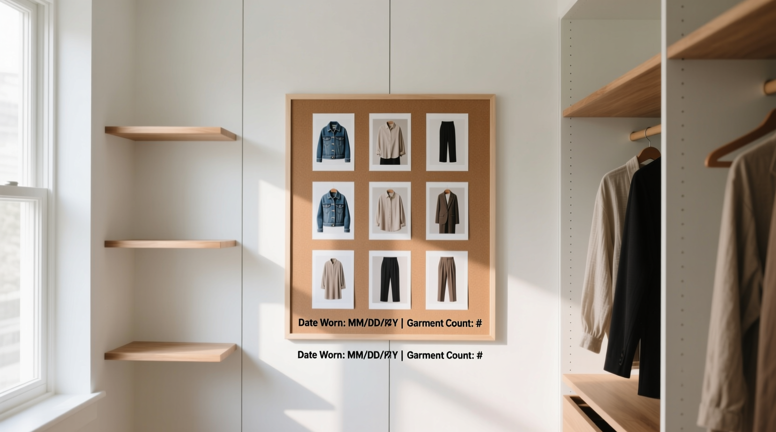 A minimalist, well-lit closet with a 24x36-inch corkboard mounted beside it, displaying nine small printed photos of real outfits—each labeled with date worn and garment count. No filters, no stock images.