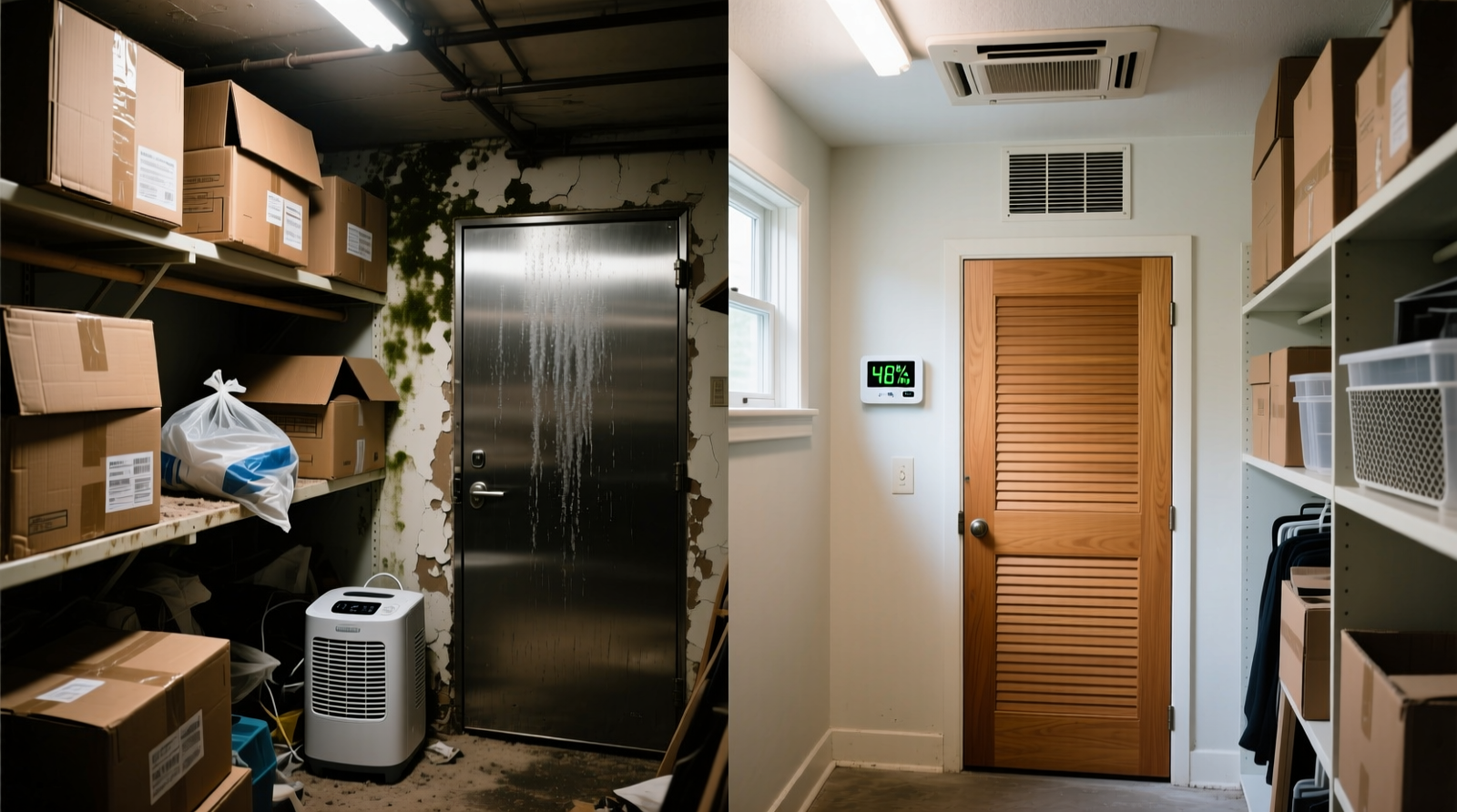 Side-by-side comparison: left shows a cluttered basement closet with damp cardboard boxes and a single dehumidifier bag on a shelf; right shows the same closet reorganized with louvered door panel, wall-mounted hygrometer reading 48% RH, and a small exhaust fan discreetly mounted near the ceiling