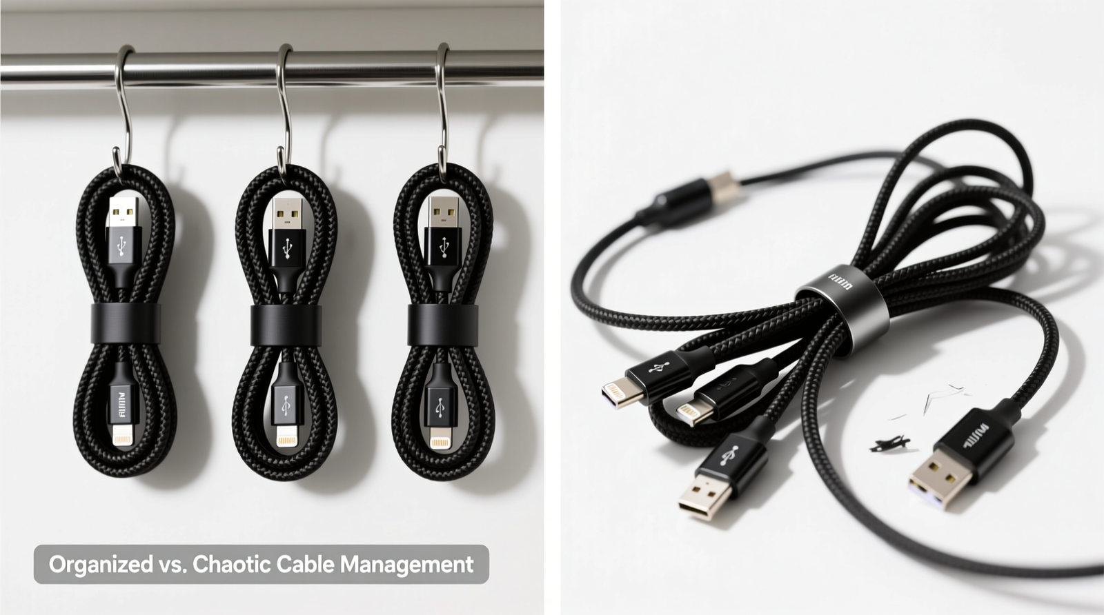 Side-by-side close-up: velcro cable sleeve holding three charging cables neatly behind a brushed-metal smart hanger rod versus magnetic wrap causing visible kinks and bulging near a hanger’s base sensor module