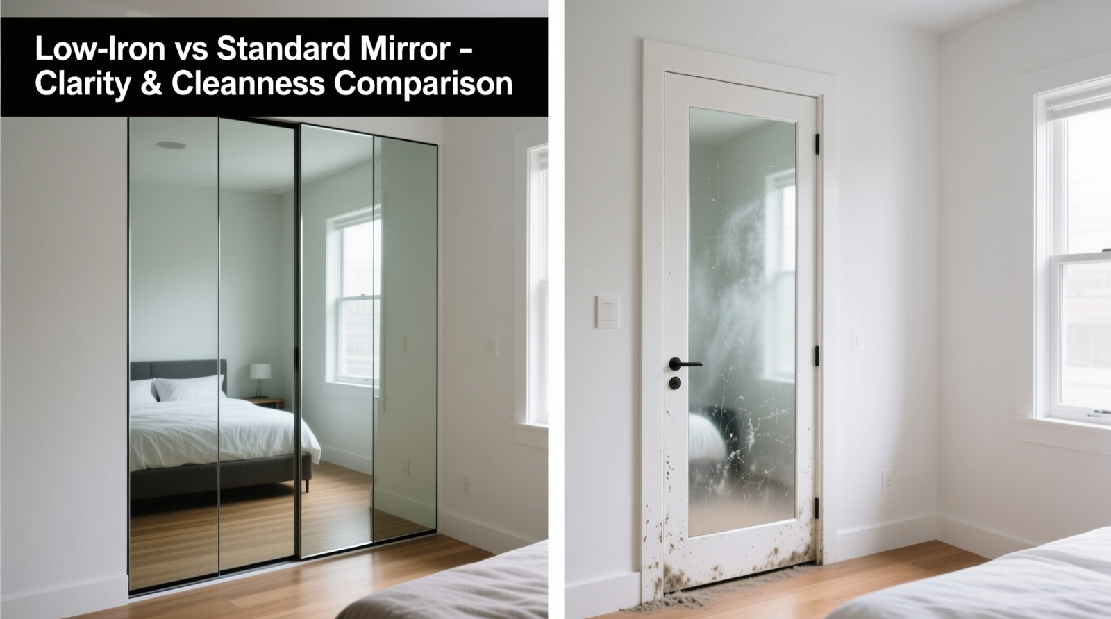 Side-by-side comparison showing a pristine low-iron mirrored closet door next to a standard mirrored door with visible edge haze and dust buildup along the bottom rail