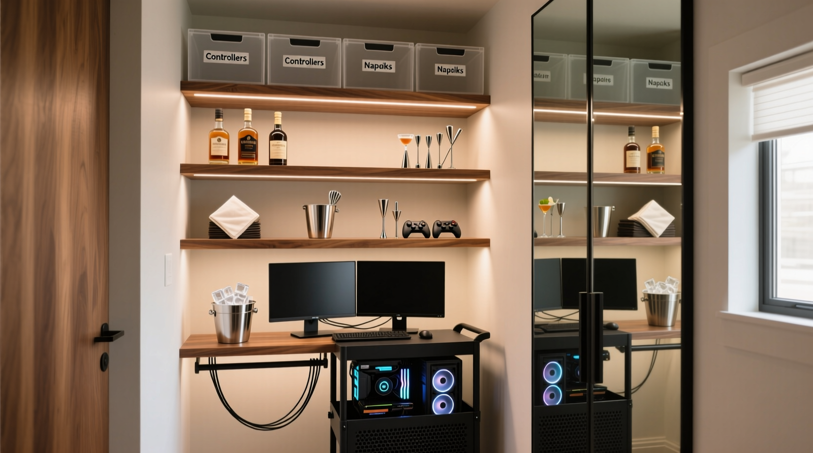 A narrow reach-in closet divided into three clearly marked horizontal bands: bottom band with a black ventilated rolling cart holding a gaming PC and monitor; middle band with walnut floating shelves holding bottles, a built-in ice bucket, and magnetic bar tools; top band with shallow labeled bins and a mirrored cabinet door holding cocktail napkins and backup controllers.
