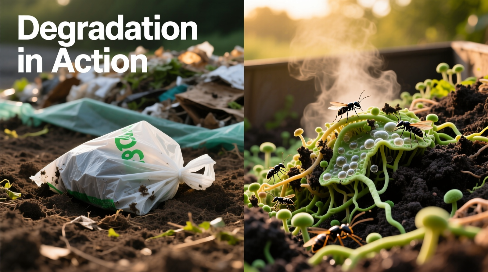 Side-by-side visual: left panel shows intact biodegradable bag buried in compacted soil under landfill liner; right panel shows same bag fully degraded in steaming, aerated home compost pile with visible microbial activity