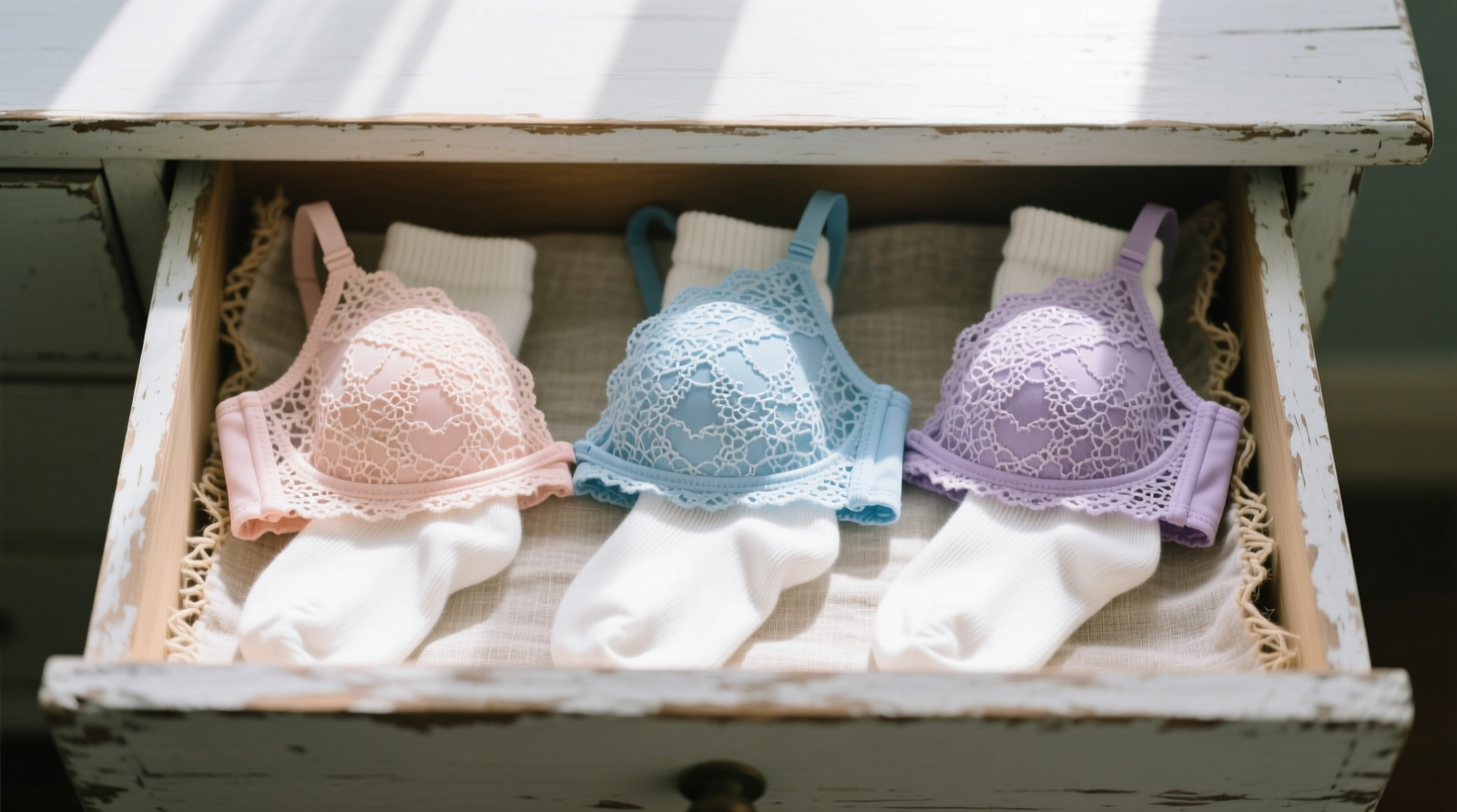 Top-down photo showing three lace bras individually wrapped in white cotton socks, neatly arranged side-by-side in a shallow wooden drawer with soft linen lining