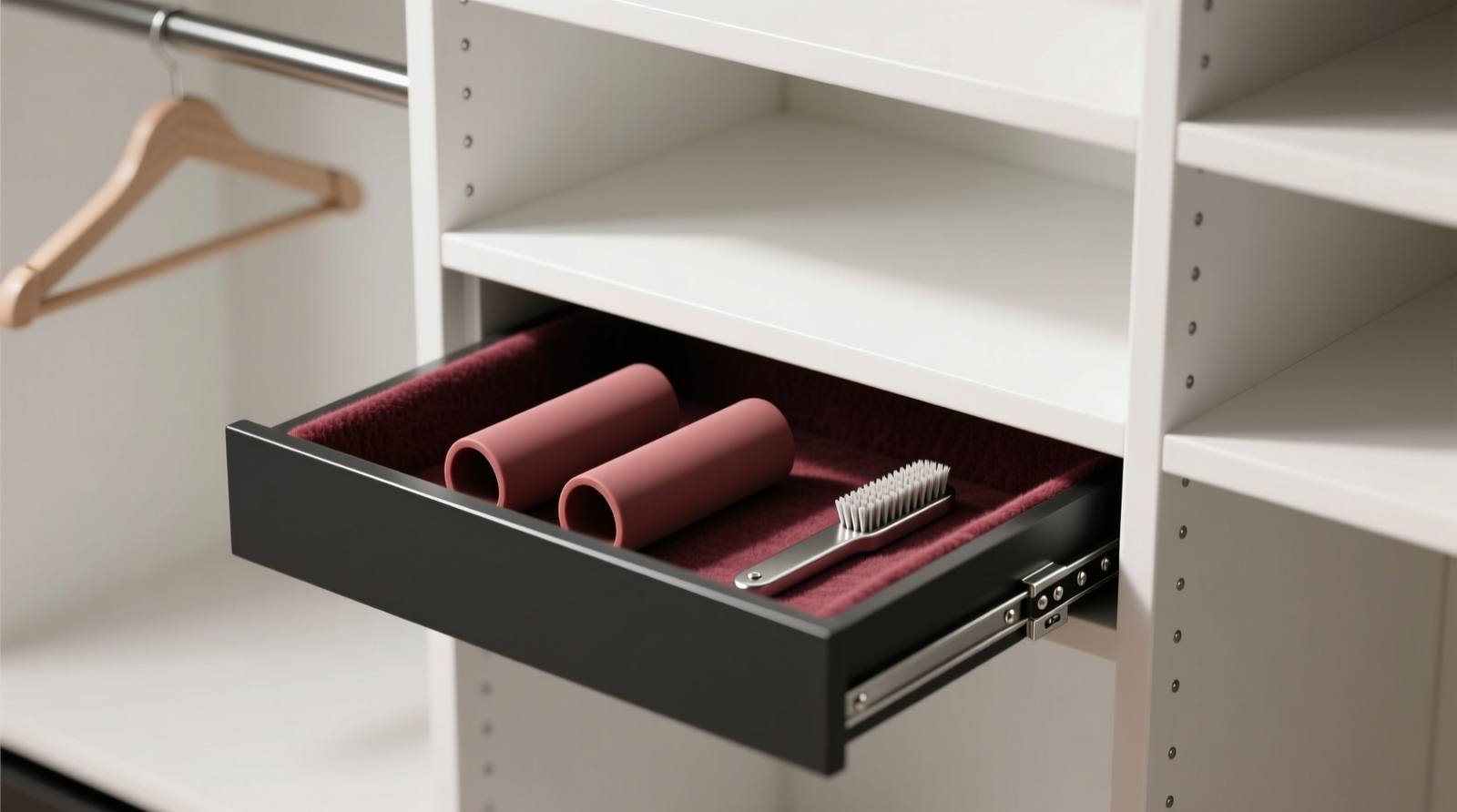 A minimalist walk-in closet showing a beige linen basket placed neatly on the top shelf behind folded knitwear, with a slim brushed-nickel magnetic strip mounted vertically inside the left closet door holding a rubber grooming glove, stainless steel lint brush, and compact lint roller