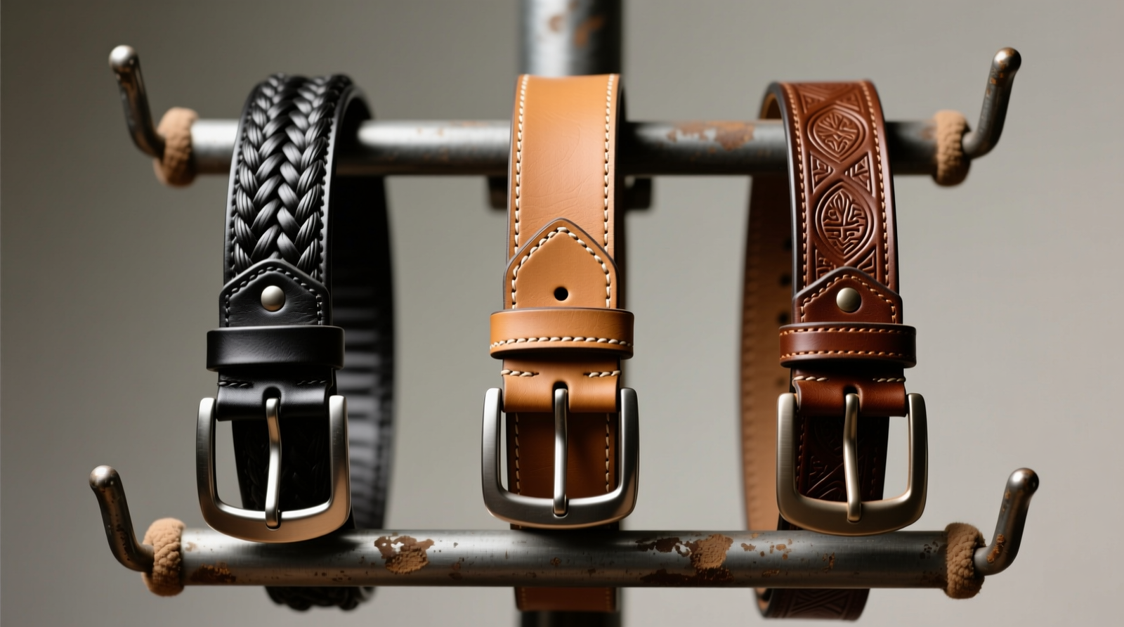 Close-up of a vertical strap rack holding three wide western belts: one tan 2-inch tooling belt, one black 2.25-inch braided belt, and one brown 1.75-inch stamped belt—all fully upright, aligned at the buckle, with visible padding on angled steel hooks