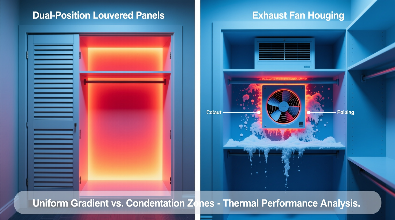 Side-by-side thermal imaging comparison showing uniform temperature gradient in closet with dual-position louvered panels versus cold-spot condensation zones near exhaust fan housing