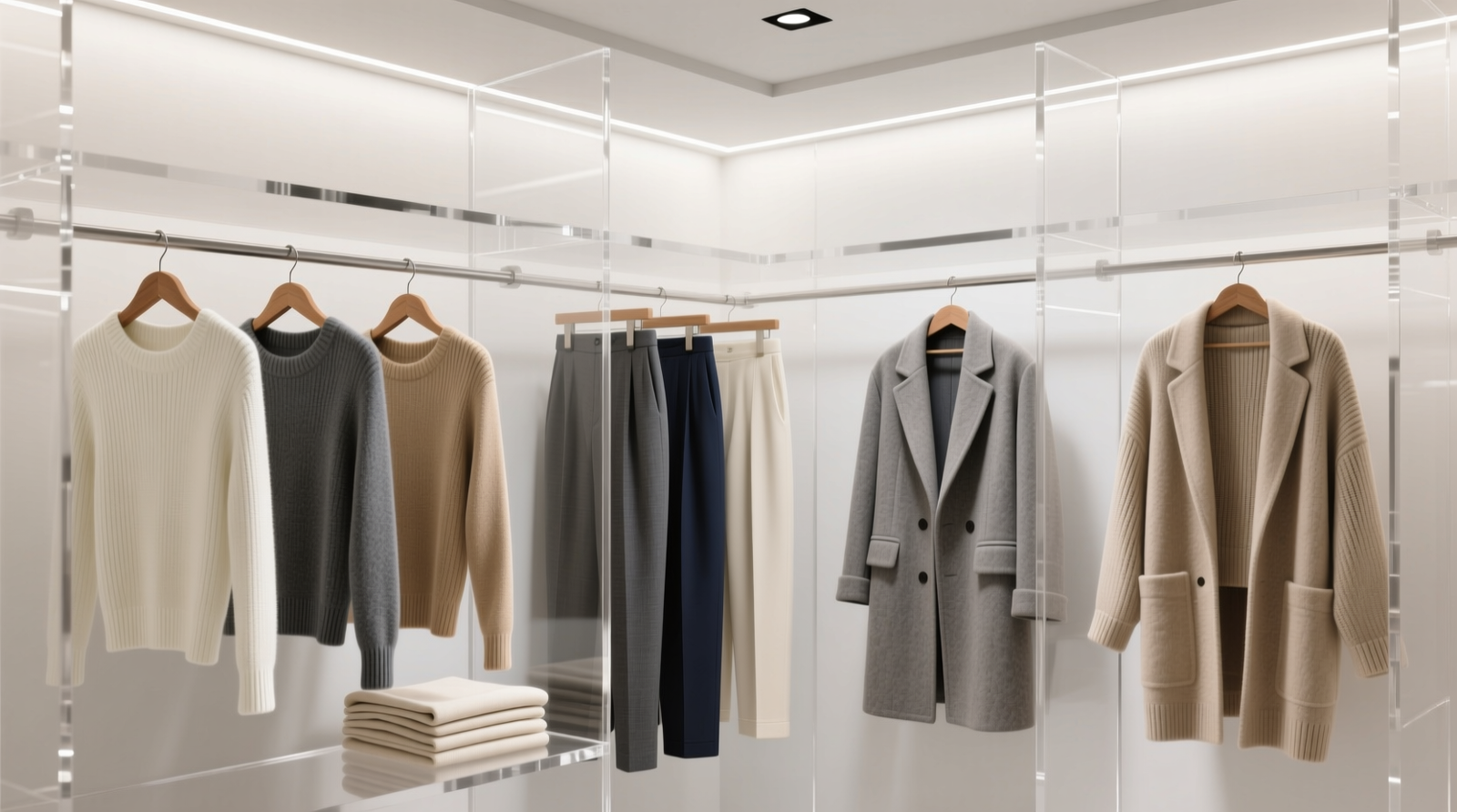 A minimalist closet showing vertical clear acrylic dividers separating neatly hung knit tops, tailored trousers, and lightweight outerwear—each section visually distinct yet fully visible through the transparent barriers