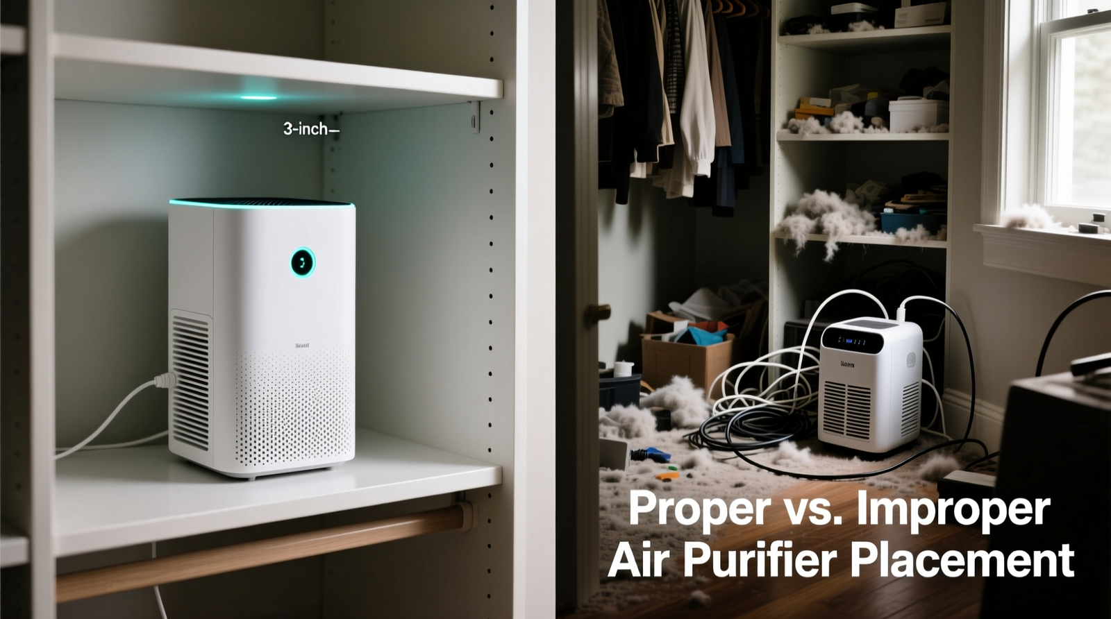 Side-by-side comparison: a properly installed mini air purifier mounted on a closet shelf with 3-inch clearance, next to a cluttered closet with visible lint buildup and a mispositioned ionizer near the floor