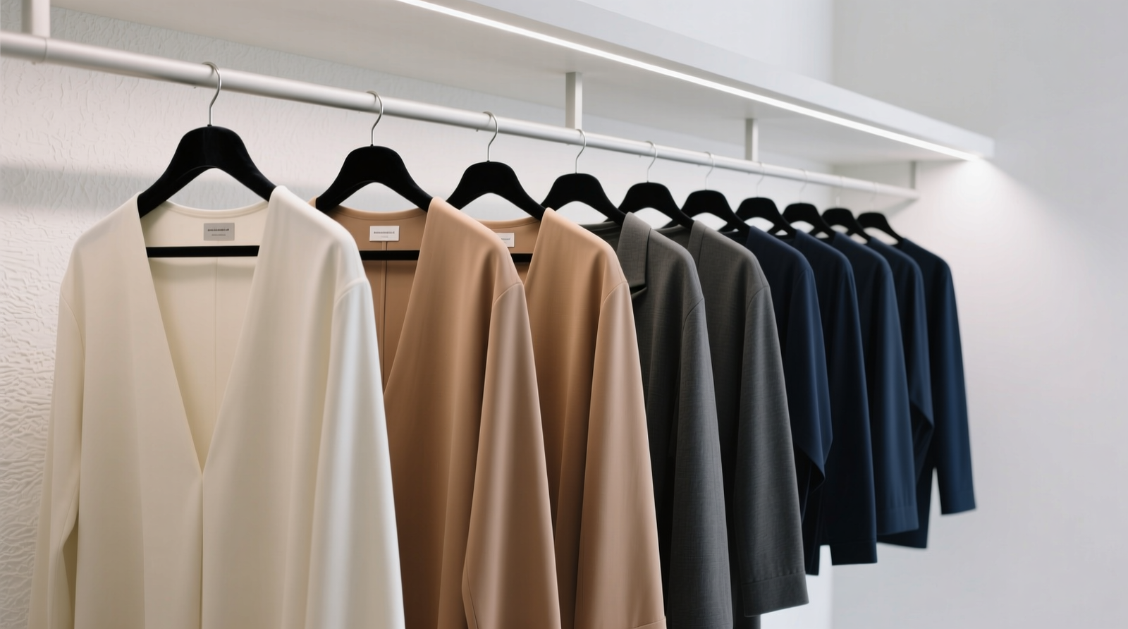 A minimalist closet with uniformly hung garments in precise tonal gradient: light oat → warm taupe → charcoal → deep navy, all on slim velvet hangers; no visible labels, no accessories, no folded items—clean sightlines and consistent spacing