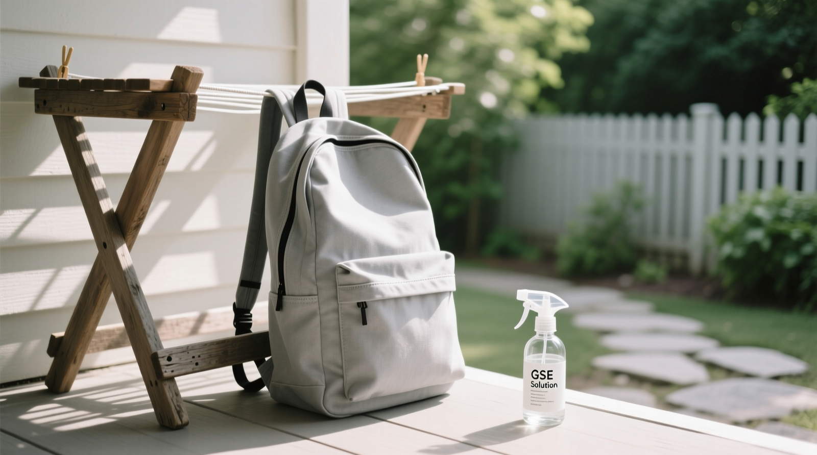 A clean, light-gray canvas backpack draped over a wooden drying rack in a shaded, well-ventilated porch—no direct sunlight visible, with a small glass spray bottle labeled 'GSE Solution' placed nearby