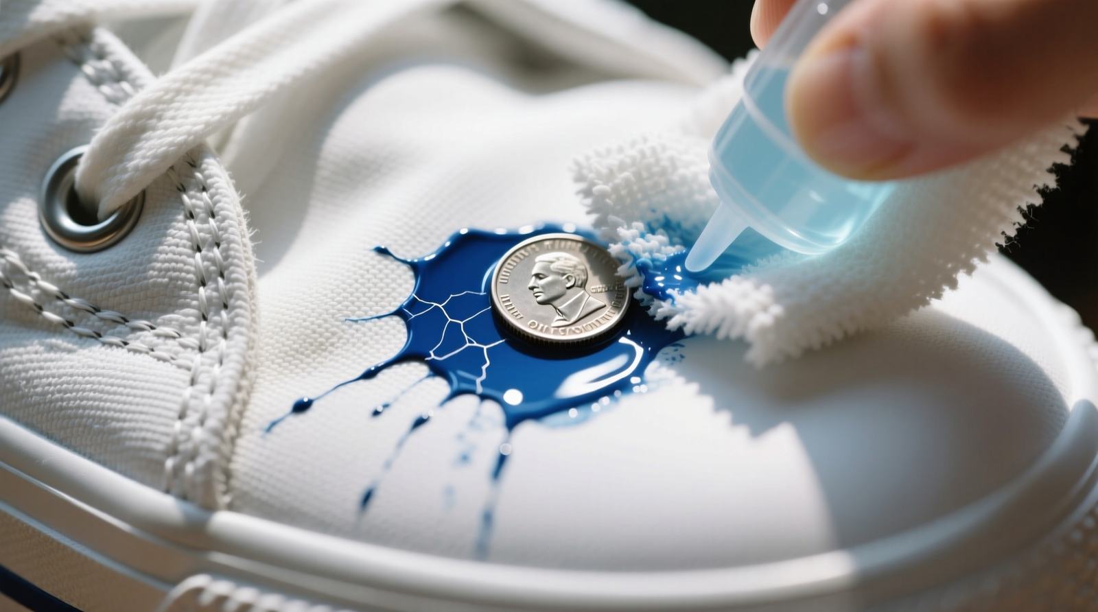 Close-up photo showing a white canvas sneaker upper with a dime-sized dried acrylic paint spot; beside it, a microfiber cloth dampened with isopropyl alcohol gently rotating over the spot, with visible pigment lifting at the edges but no fiber distortion or color bleeding