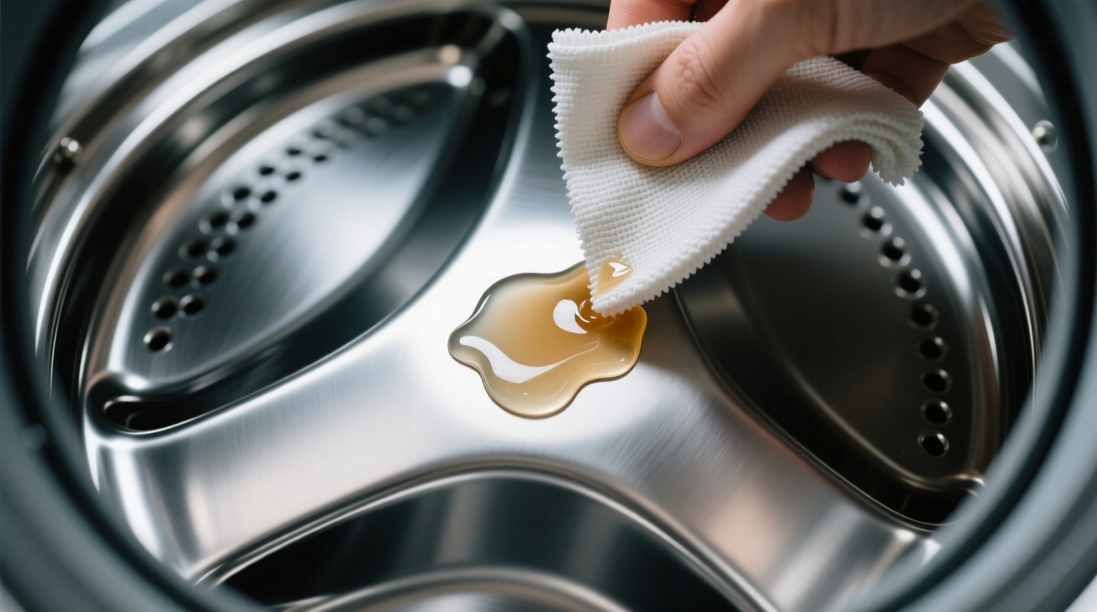 Close-up of a stainless steel dryer drum showing a translucent, softened plastic patch being gently rolled upward with a folded microfiber cloth—no scraping motion visible, no visible scratches or residue