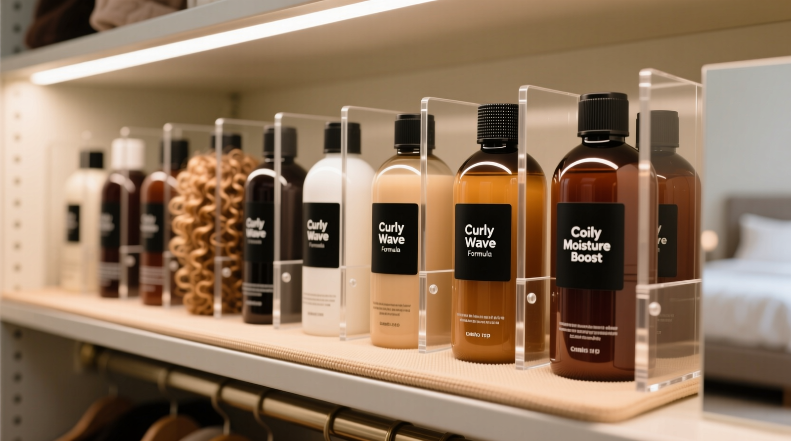 A well-organized closet section showing three labeled, stackable matte-black PETG bins with silicone lids, placed on a non-slip shelf liner; behind them, navy blazers hang on padded velvet hangers with visible 14-inch clearance