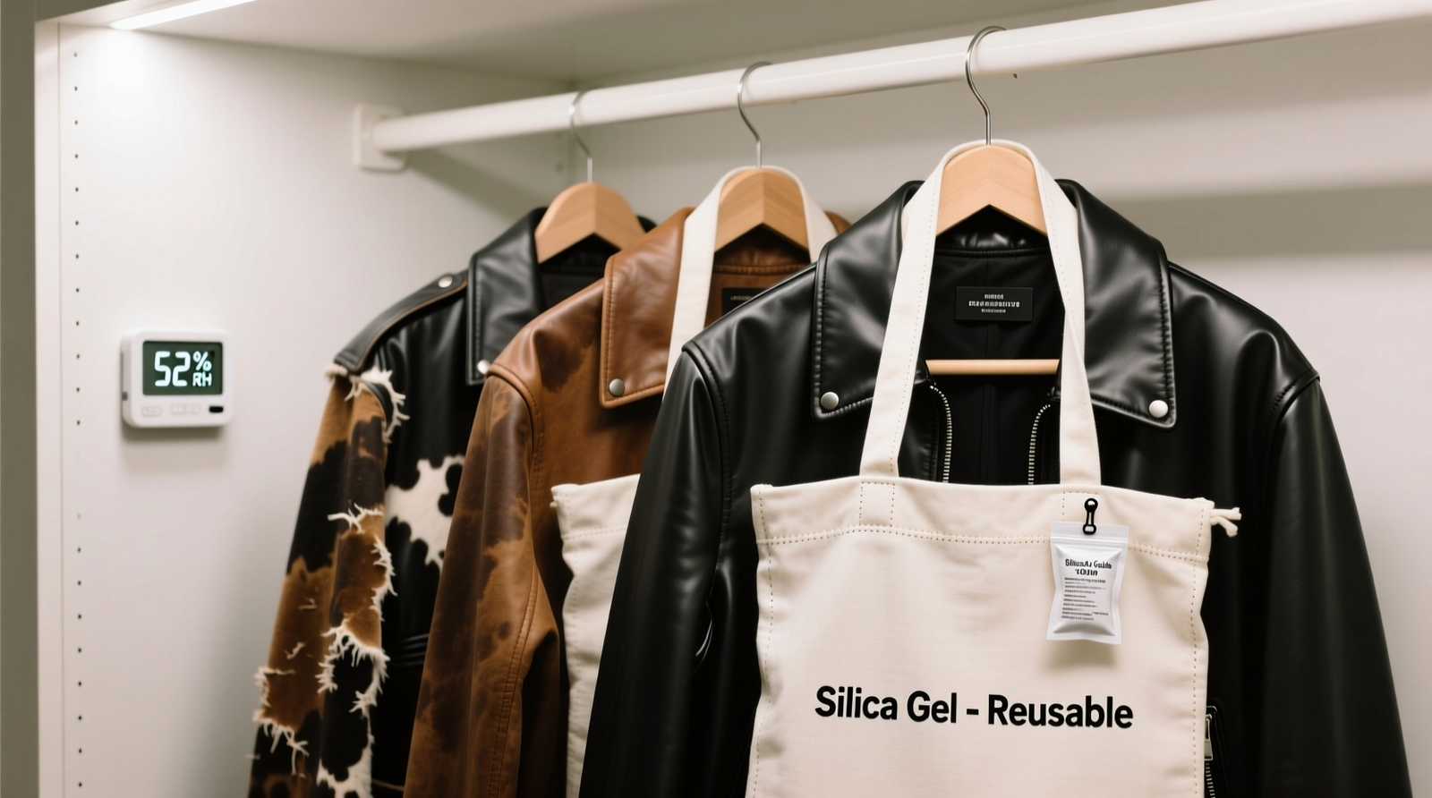 A cedar-lined closet shelf holding three leather jackets on wide padded hangers, each covered with off-white cotton garment bags; small charcoal pouches and cedar blocks sit discreetly between garments, with a digital hygrometer displaying 48% RH on the shelf edge.