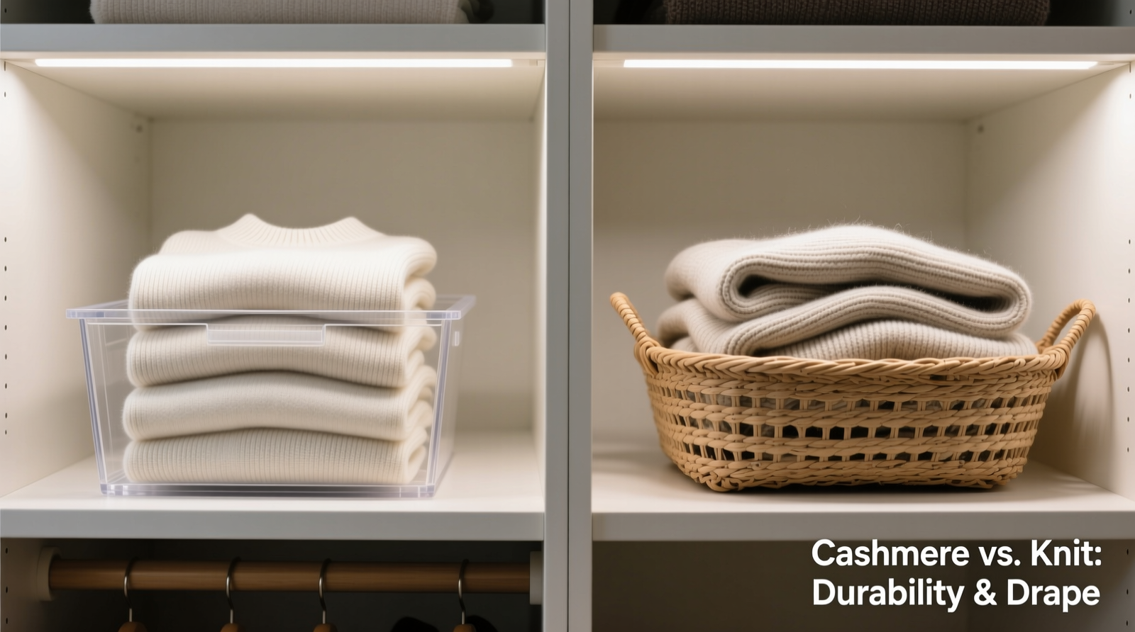 Side-by-side comparison: neatly folded cashmere sweaters in rigid clear acrylic bins versus slightly slumped, pill-prone knits in shallow woven seagrass baskets—same closet shelf, same lighting, same folding technique