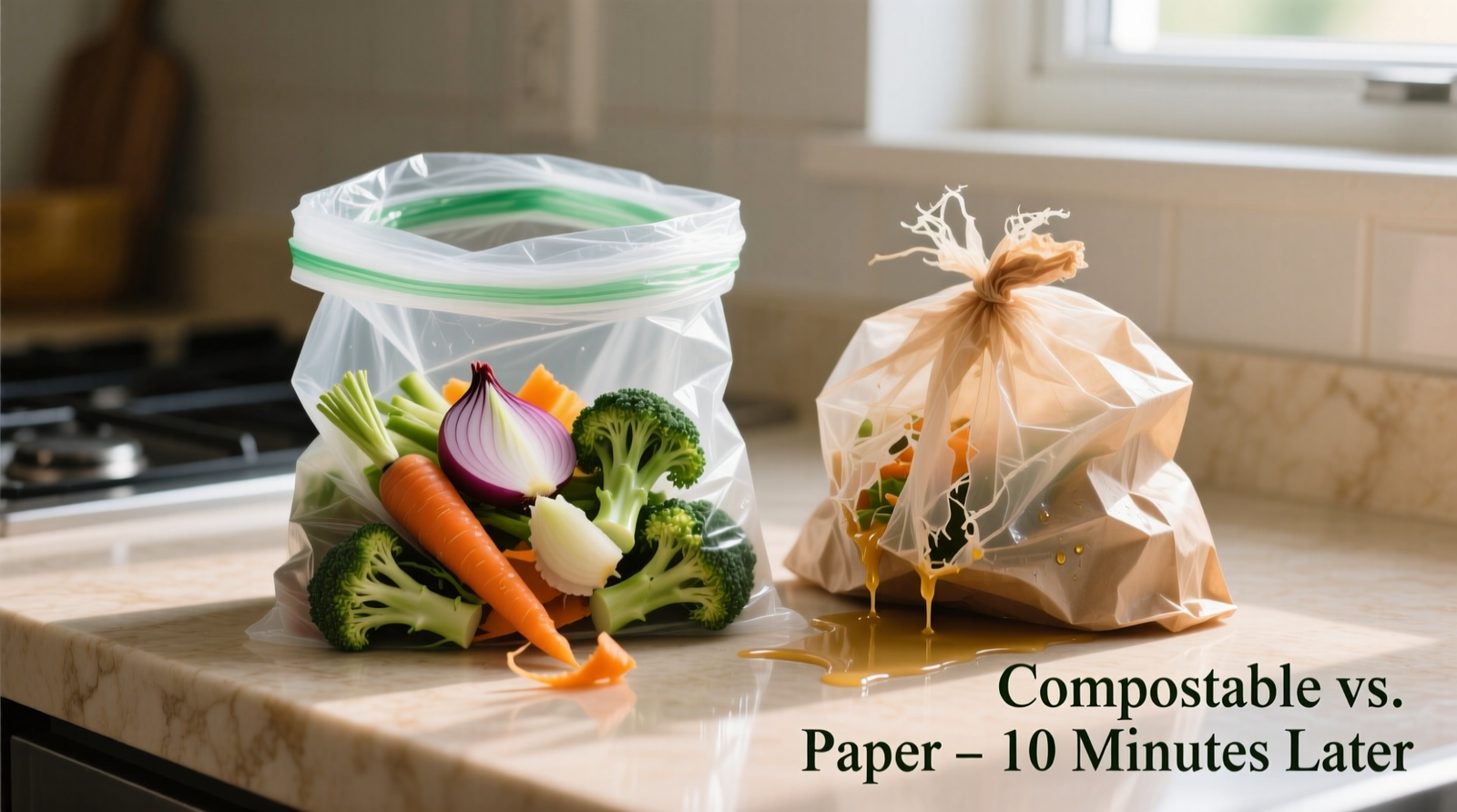 Side-by-side photo showing a certified compostable trash bag holding wet vegetable scraps without leakage next to a soaked, sagging paper grocery bag with visible drips on the countertop