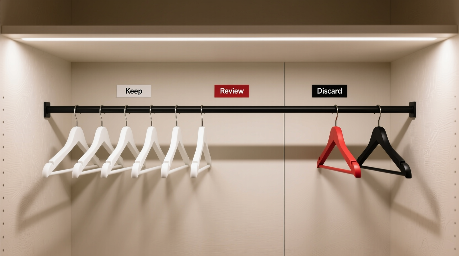 A minimalist closet with evenly spaced, same-style hangers; a thin black dowel mounted just below the top rod; color-coded hangers visible at the far end—white, red, and black—aligned with clear zones labeled 'Keep,' 'Review,' and 'Discard'