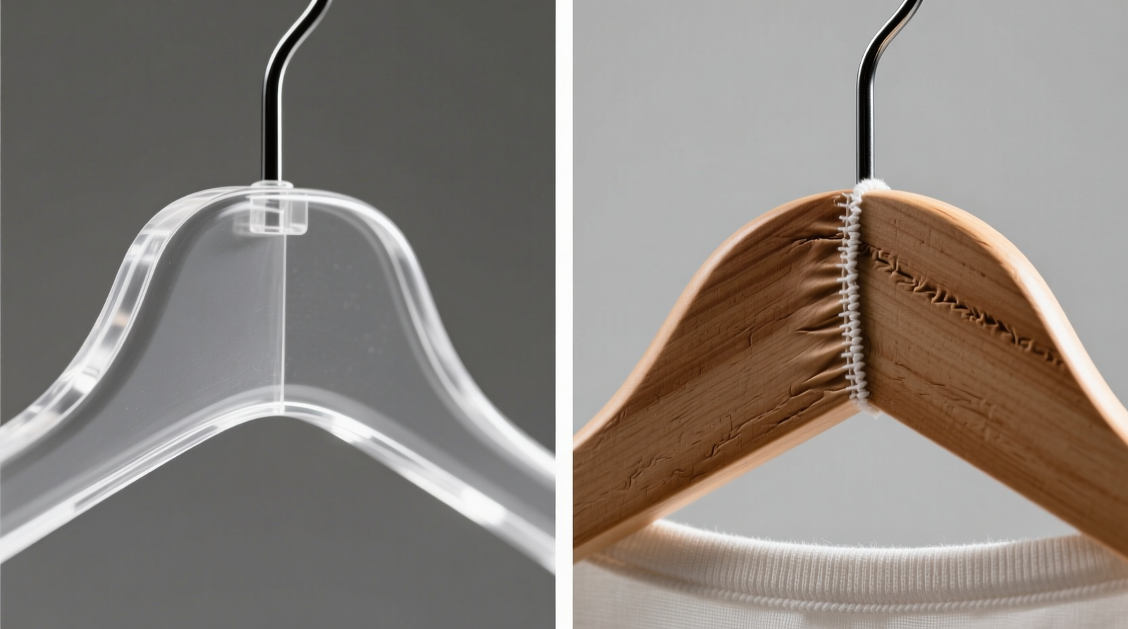 Side-by-side macro photography: left shows smooth, seamless shoulder line on clear acrylic hanger; right shows visible ridge and fabric pull at seam on wooden hanger, both under identical lighting and magnification