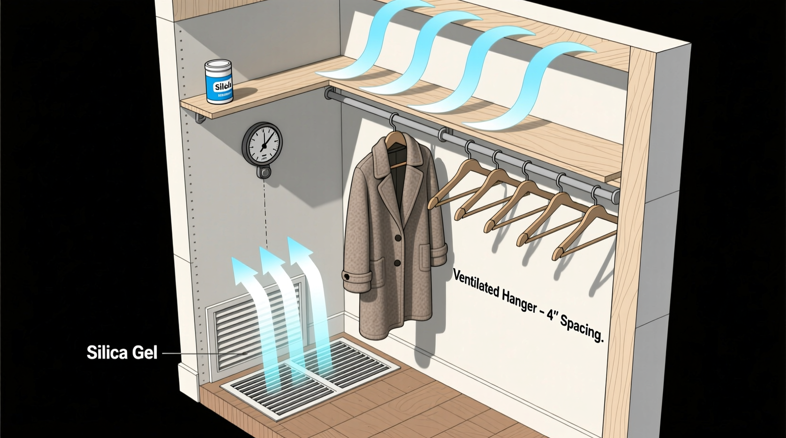 Cross-section diagram showing a standard reach-in closet with labeled elements: louvered floor vent, silica gel canister on shelf, analog hygrometer mounted at shoulder height near back wall, wool coat on ventilated hanger with 4-inch spacing, and thermal gradient arrows indicating upward airflow