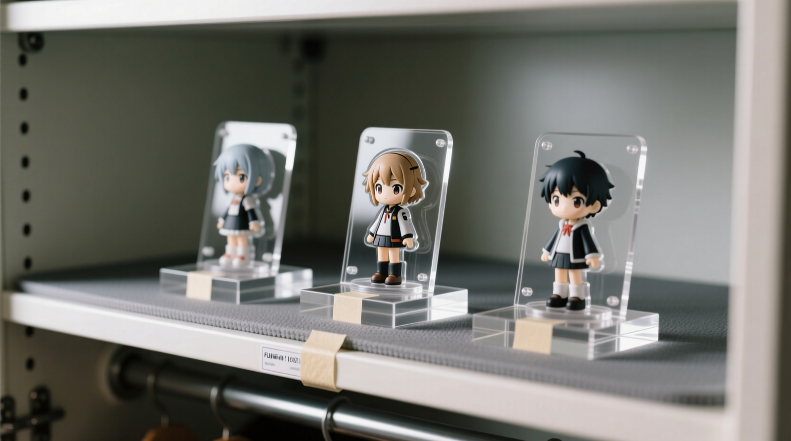 Close-up photo showing three acrylic anime figurine display risers standing vertically on a closet shelf, each secured with discreet double-sided tape strips visible only at their base undersides; rubber matting lines the shelf, and risers are staggered slightly forward/backward to prevent contact during access.