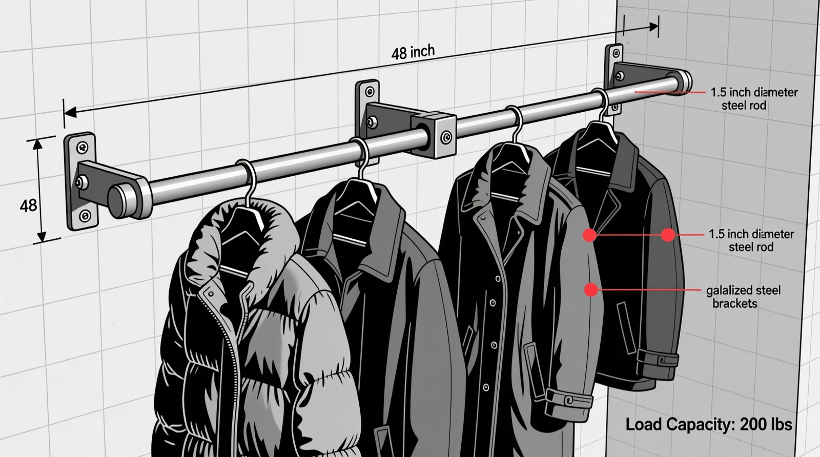 Side-view diagram showing a 48-inch steel closet rod mounted with two end brackets anchored into wall studs and a reinforced center bracket, supporting five heavy winter coats without visible sag