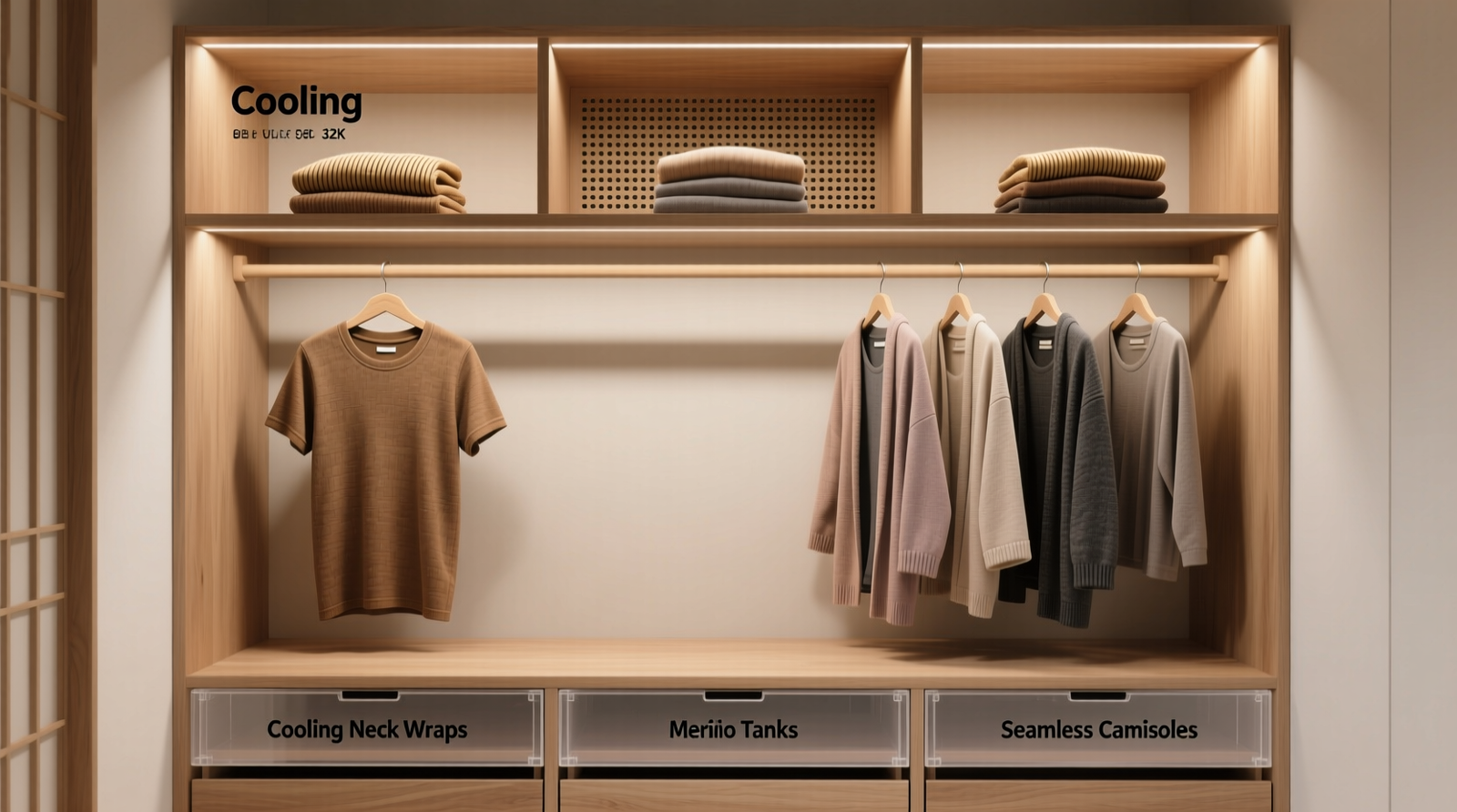 Three-tier closet layout: top ventilated shelf with folded bamboo tees, middle double-hang rod with layered cardigans and dusters, bottom shallow drawer with labeled compartments for cooling neck wraps, merino tanks, and seamless camisoles