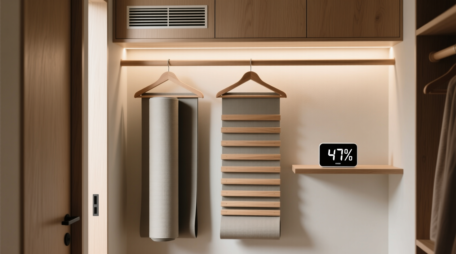 A minimalist closet interior showing two yoga mats hung vertically on wide, slatted wooden hangers, spaced 2 inches apart, with a discreet passive vent tile installed in the upper rear panel and a small hygrometer visible on the shelf indicating 47% relative humidity