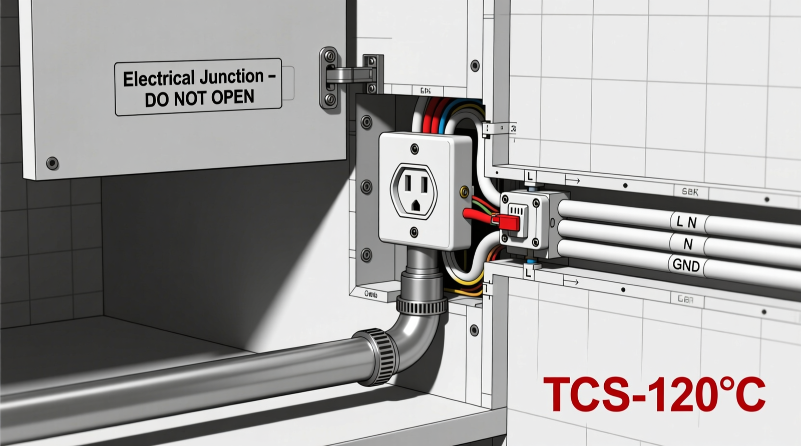 Cross-sectional diagram showing recessed USB outlet mounted inside closet side panel, with metal conduit entering from floor, thermal cutoff switch visible, and clean cable routing into a labeled hinged access panel
