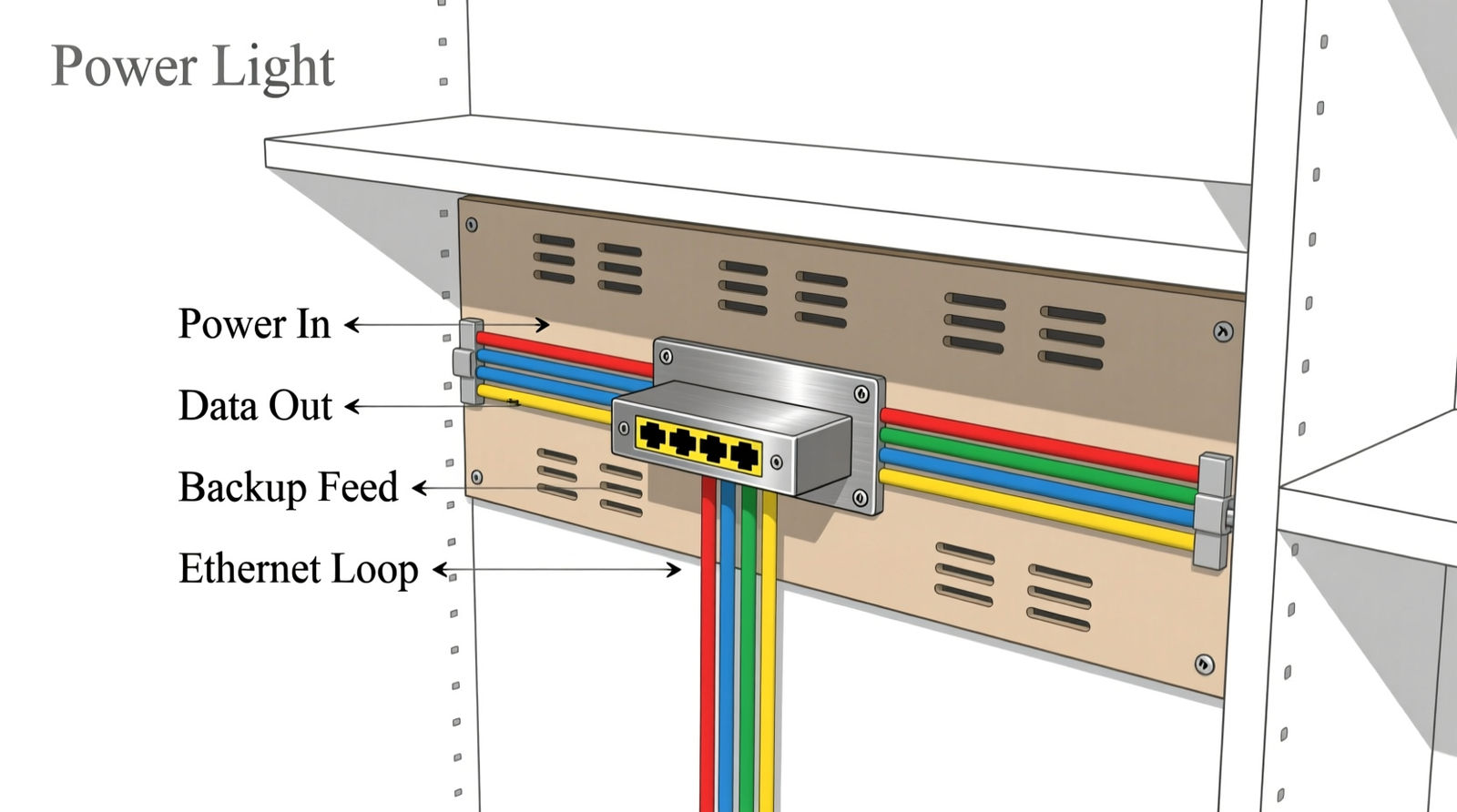 Cross-section diagram showing a minimalist closet with a recessed rear wall panel containing labeled, color-coded cables routed vertically through magnetic channels, a low-profile hub mounted on a steel plate, and a removable MDF backing board with ventilation slots