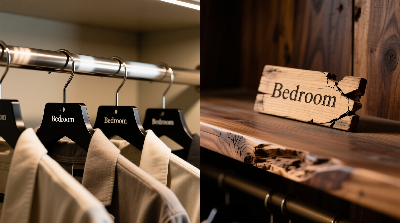 Side-by-side close-up of a brushed steel closet rod with sleek black magnetic name tags aligned beneath hanging garments, next to a warped walnut shelf with cracked engraved wooden label partially detached at one corner