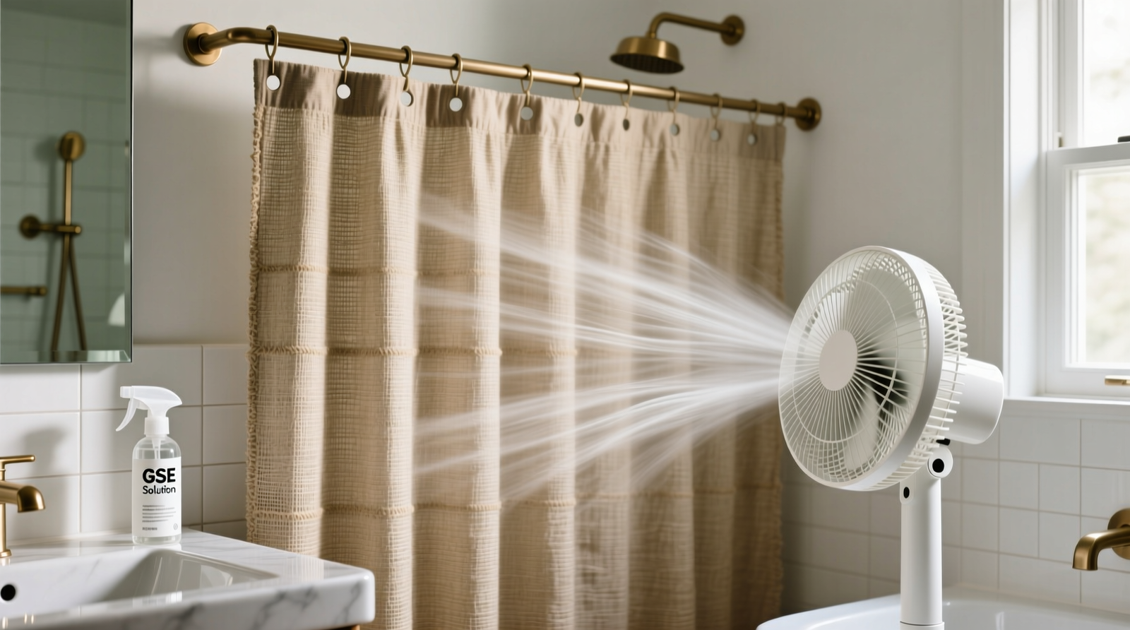Side-by-side comparison showing a hemp shower curtain fully extended on a tension rod with grommets open, a small fan angled at 45 degrees to circulate air across its entire surface, and a spray bottle labeled 'GSE Solution' resting on the bathroom counter
