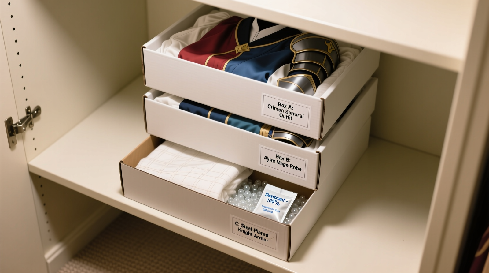 Three full-length garment bags hanging side-by-side in a dim, organized closet; each bag contains a visible anime costume (e.g., Sailor Moon, Demon Slayer, My Hero Academia), with small blue silica gel packs resting neatly at the bottom hem inside transparent pouches. Padded hangers and labeled tabs are clearly visible.