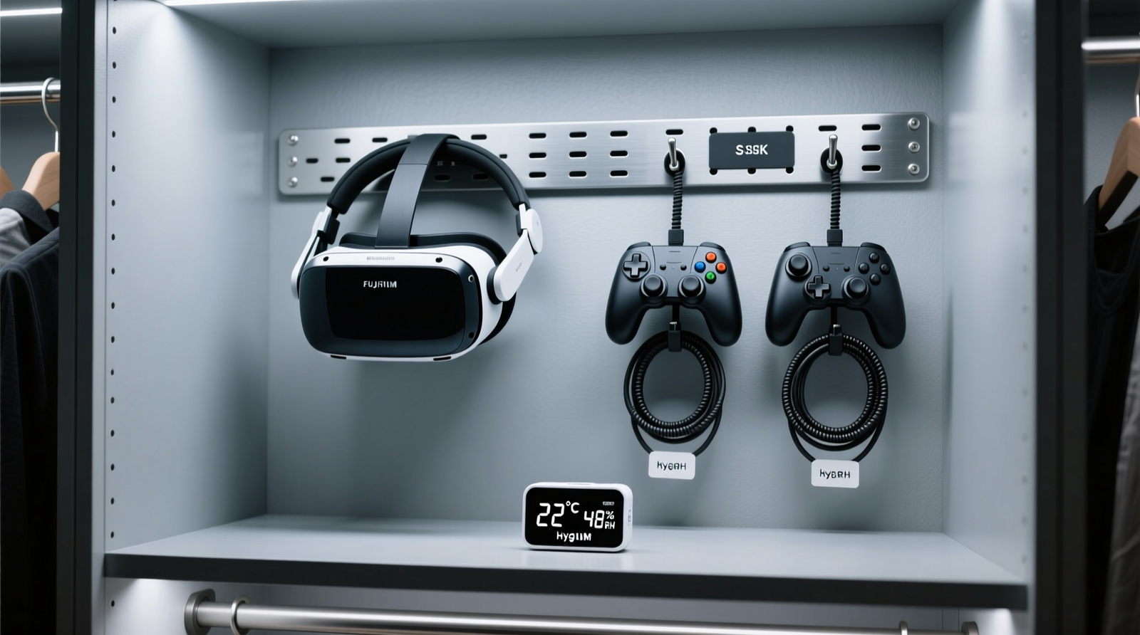 A well-organized closet section showing VR headset mounted upright on a ventilated metal pegboard, controllers hanging from labeled S-hooks with coiled cables, and a small digital hygrometer visible on the shelf indicating 22°C and 48% RH