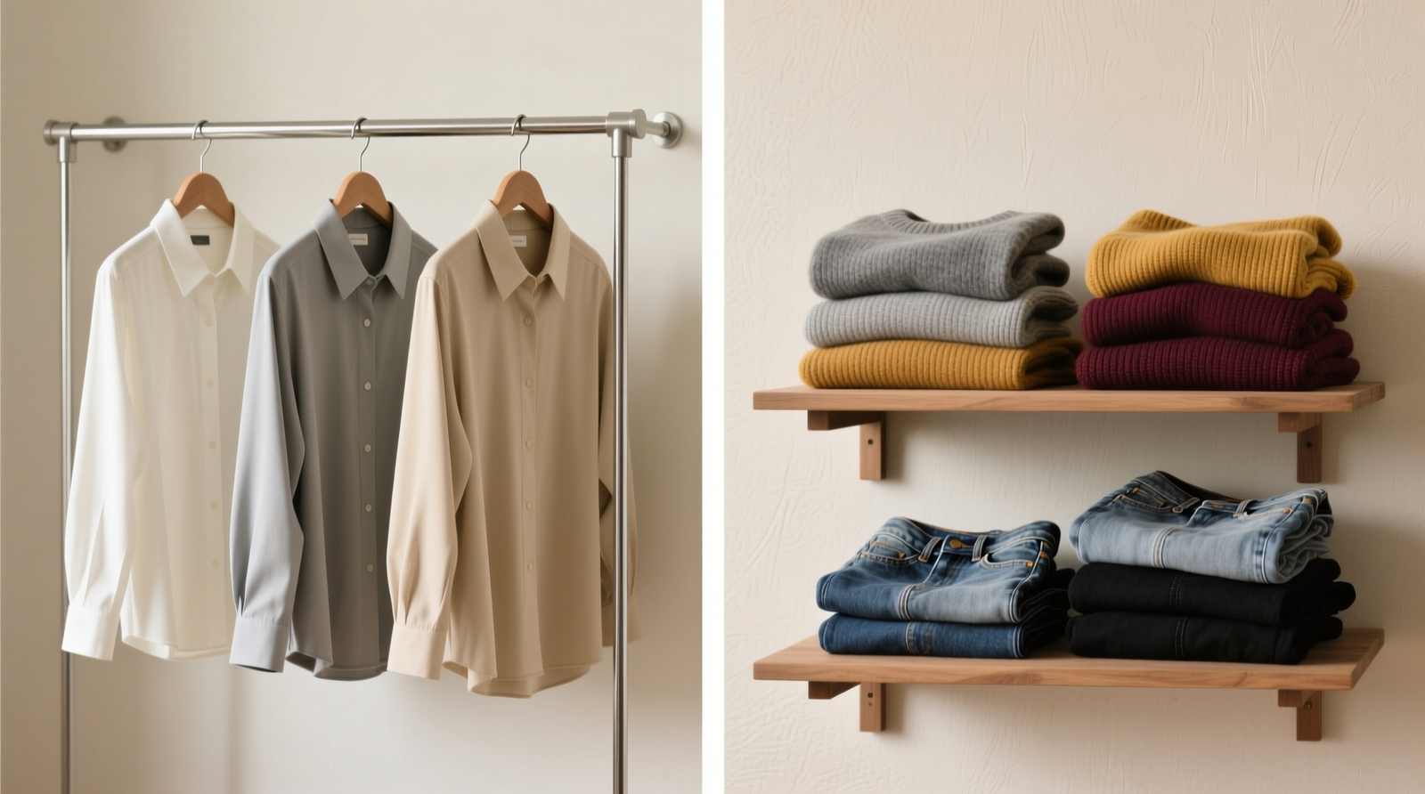 Side-by-side comparison: left shows three neatly hung blouse tiers on adjustable chrome rods with 14-inch vertical spacing; right shows a single shelf with two risers holding haphazardly stacked sweaters and folded jeans, partially obscuring lower layers