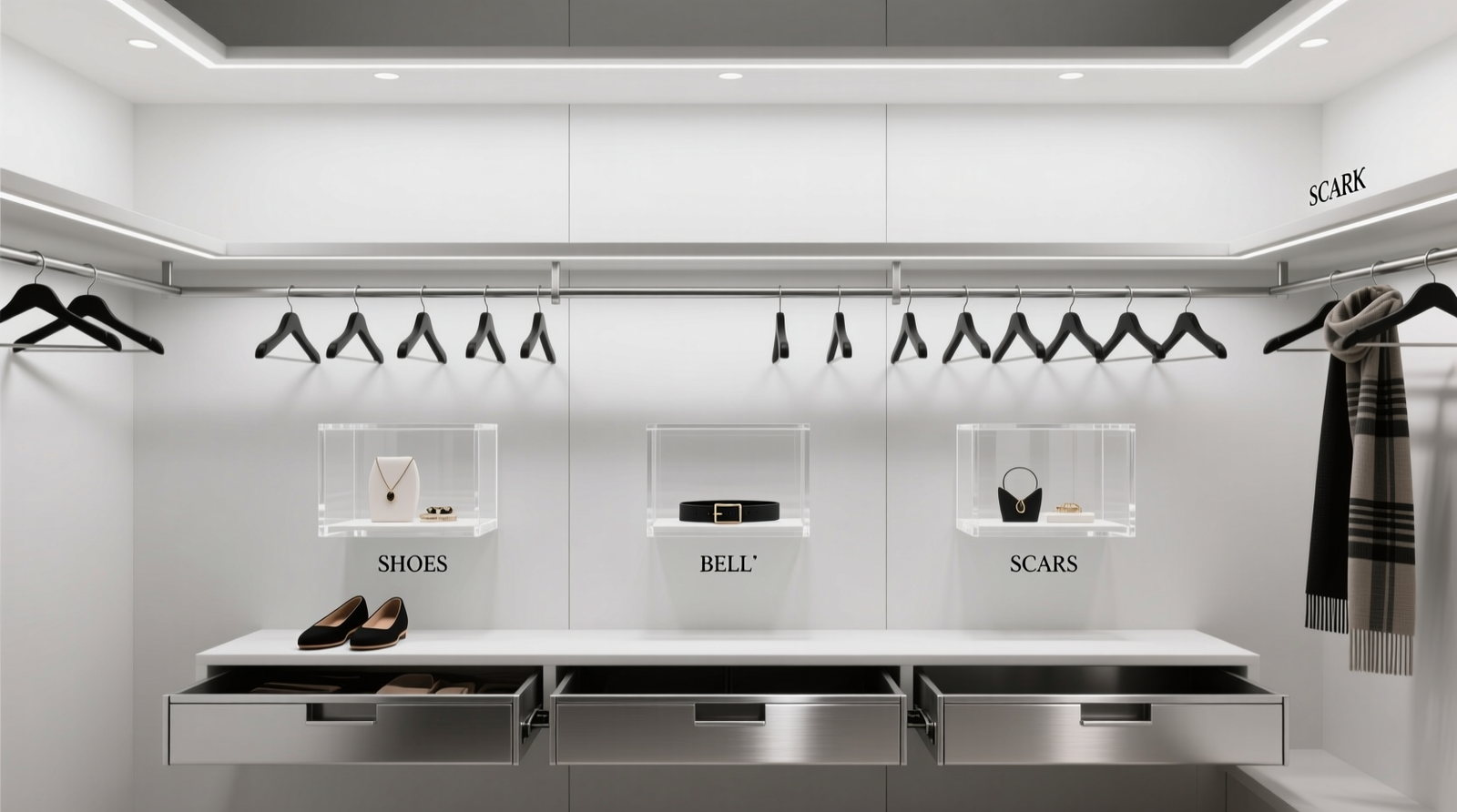 A minimalist closet showing clear acrylic display cases mounted high on the wall above a streamlined lower section with uniform slim hangers and shallow pull-out bins beneath