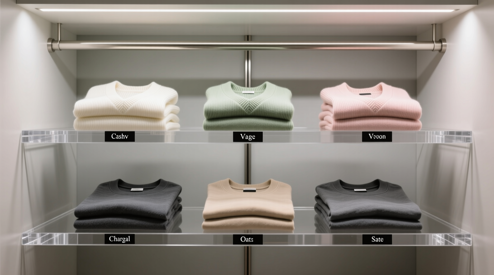 Two-tier acrylic closet shelf risers holding neatly folded cashmere and cotton knits; top tier contains lightweight V-necks, bottom tier holds structured crewnecks—no bins visible, all labels facing forward, shelf depth fully utilized