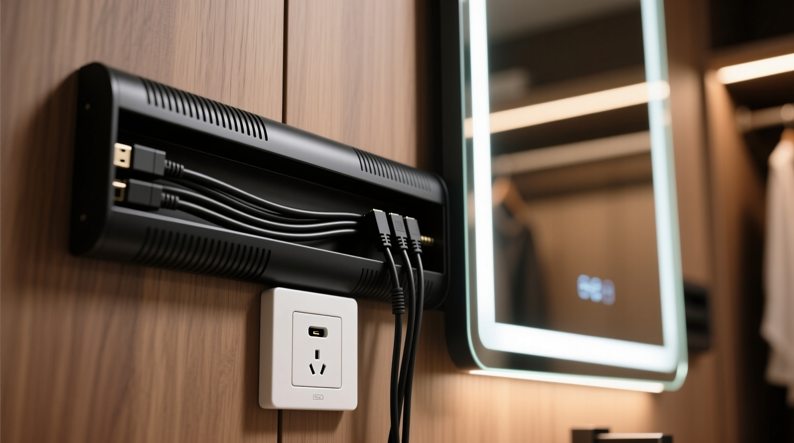 Close-up of a sleek, matte-black flat cable raceway mounted vertically along the left edge of a smart closet mirror, with neatly routed black power and data cables visible inside its open-top channel, terminating discreetly into a recessed white outlet box below