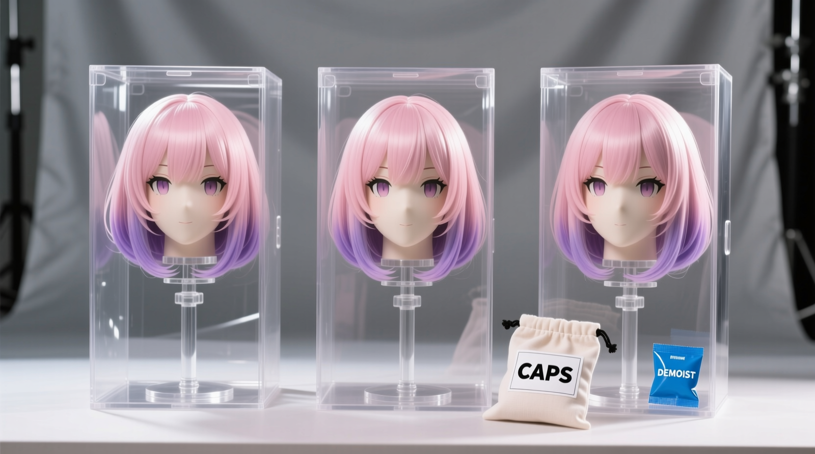 Three identical anime wigs displayed upright on adjustable acrylic wig stands inside clear, lidded acrylic boxes; each box contains a small blue silica gel packet and a folded cotton pouch labeled 'CAPS' beside it